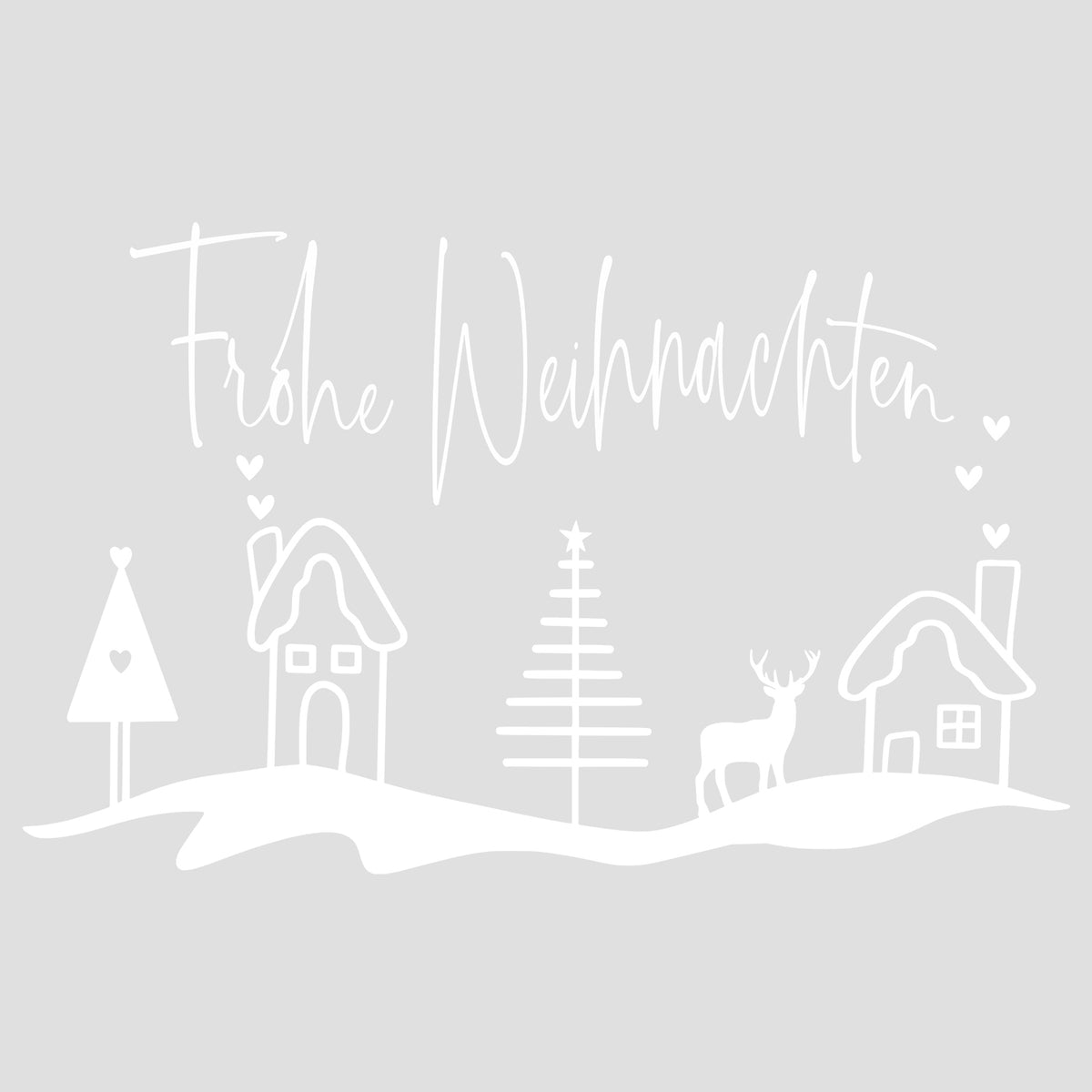 Frohe Weihnachten Schriftzug mit weißen Häusern und Tannenbaum.