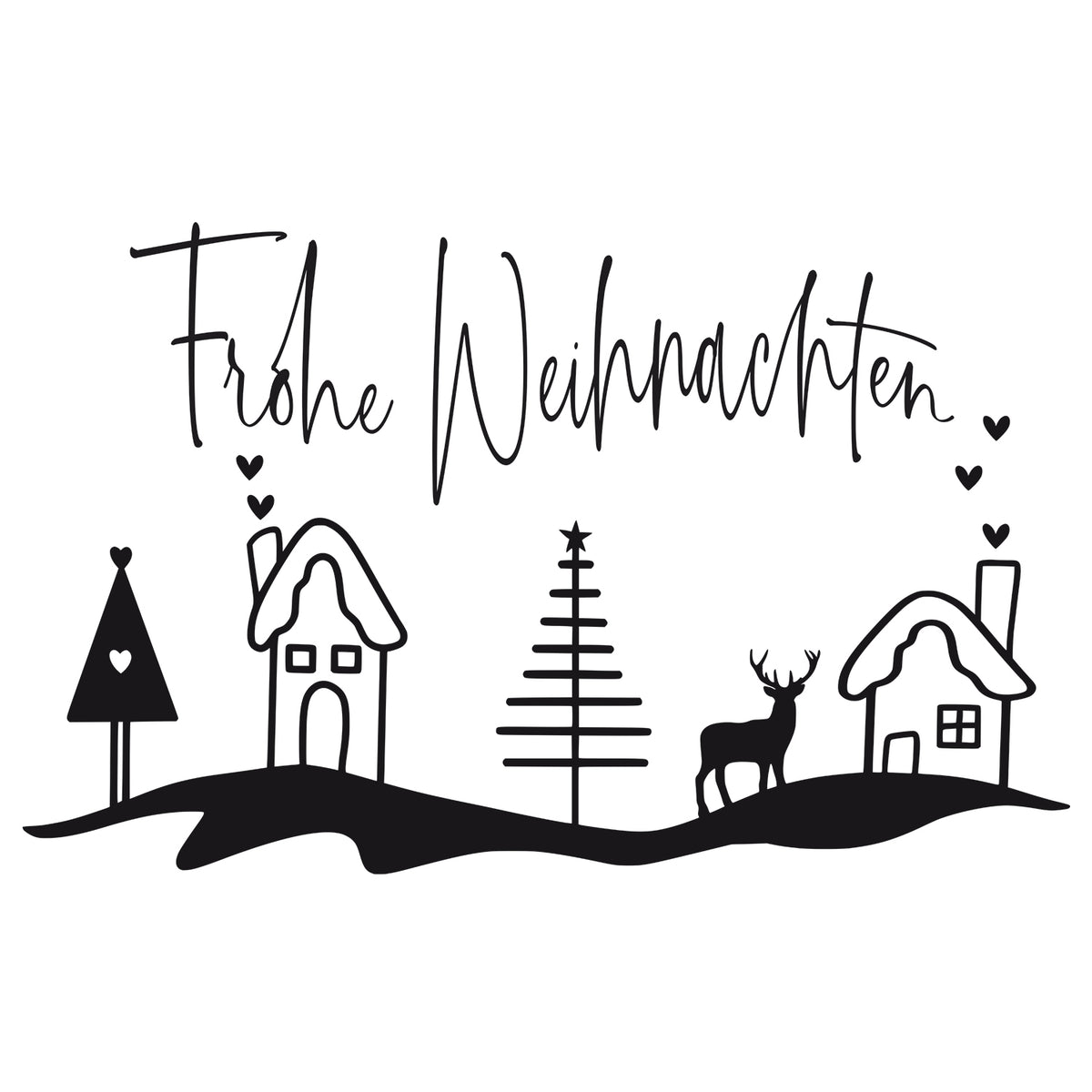Frohe Weihnachten Schriftzug mit schwarzen Weihnachtsmotiven.