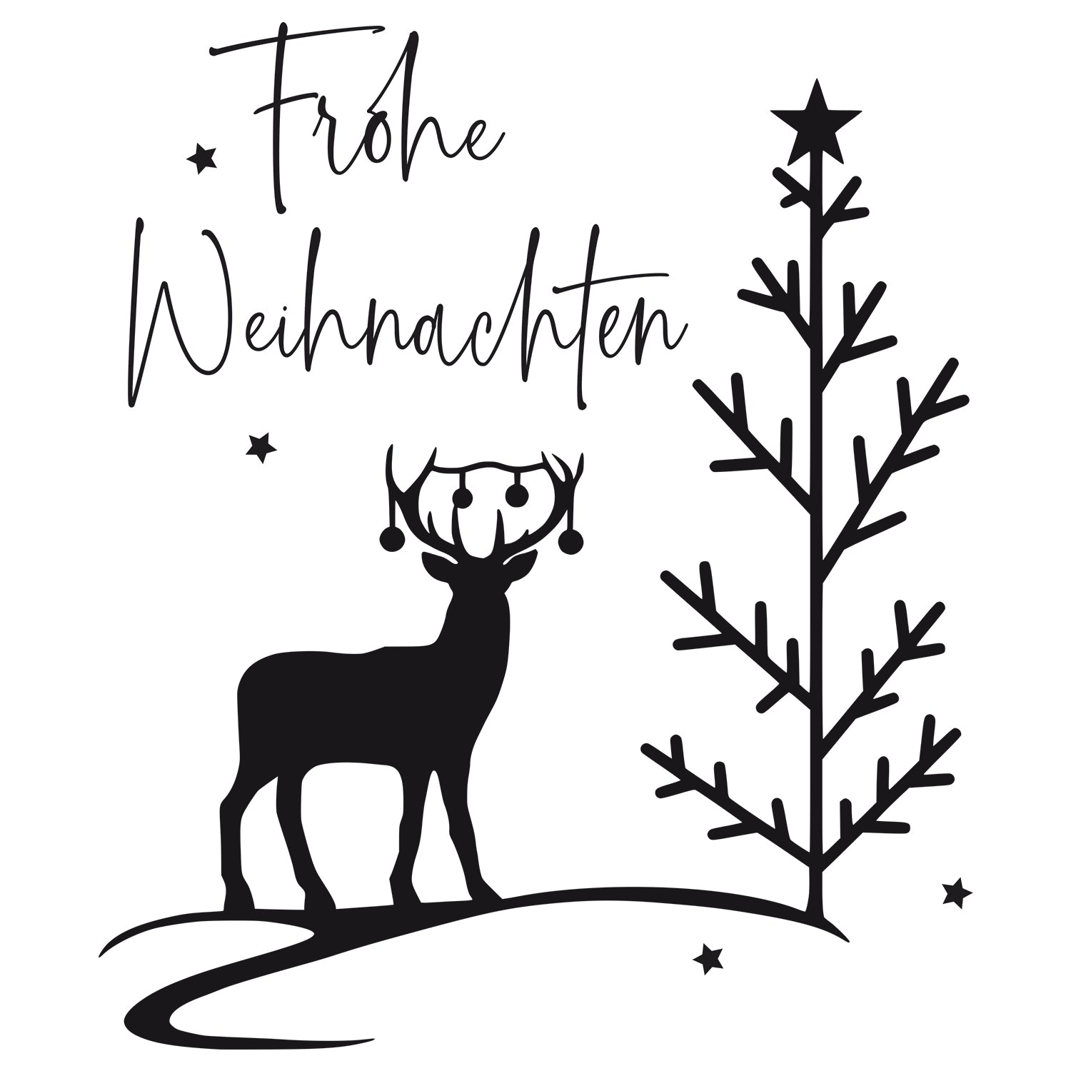 Schwarzer Weihnachtsbaum und Rentier mit Schriftzug "Frohe Weihnachten".