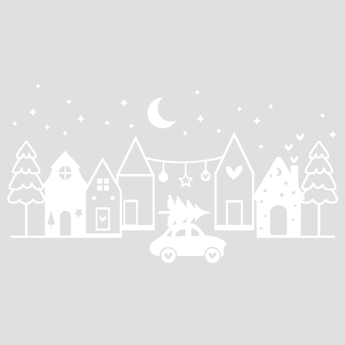 Winterliche Szene mit weißen Häusern und Auto mit Weihnachtsbaum.