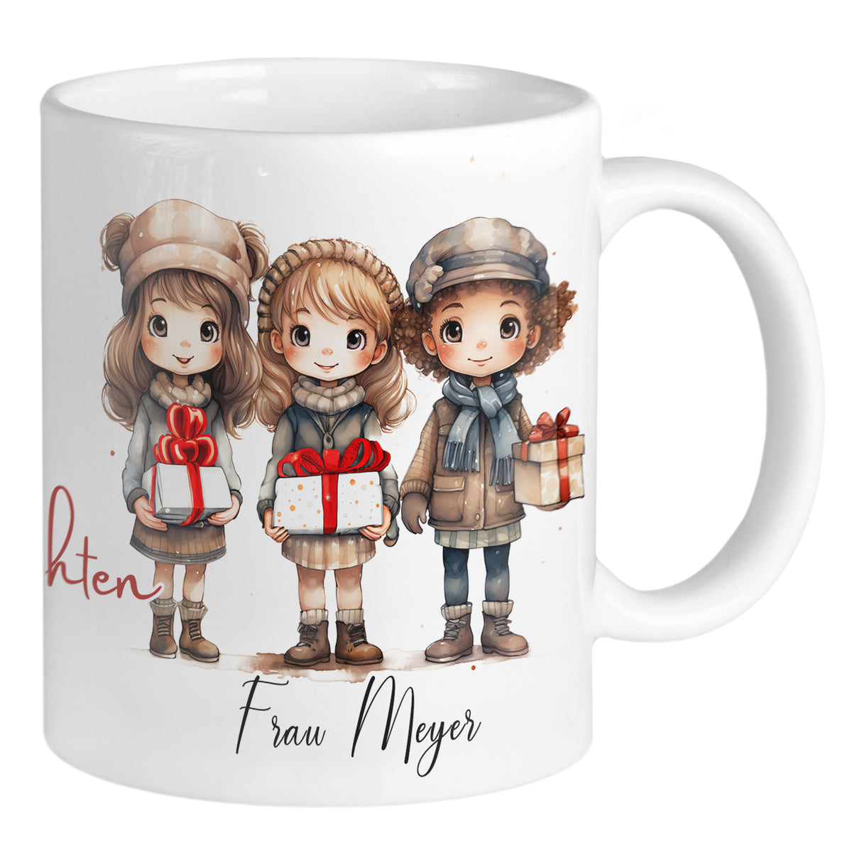 Tasse mit drei Kindern, Geschenken und Weihnachtsmotiven.