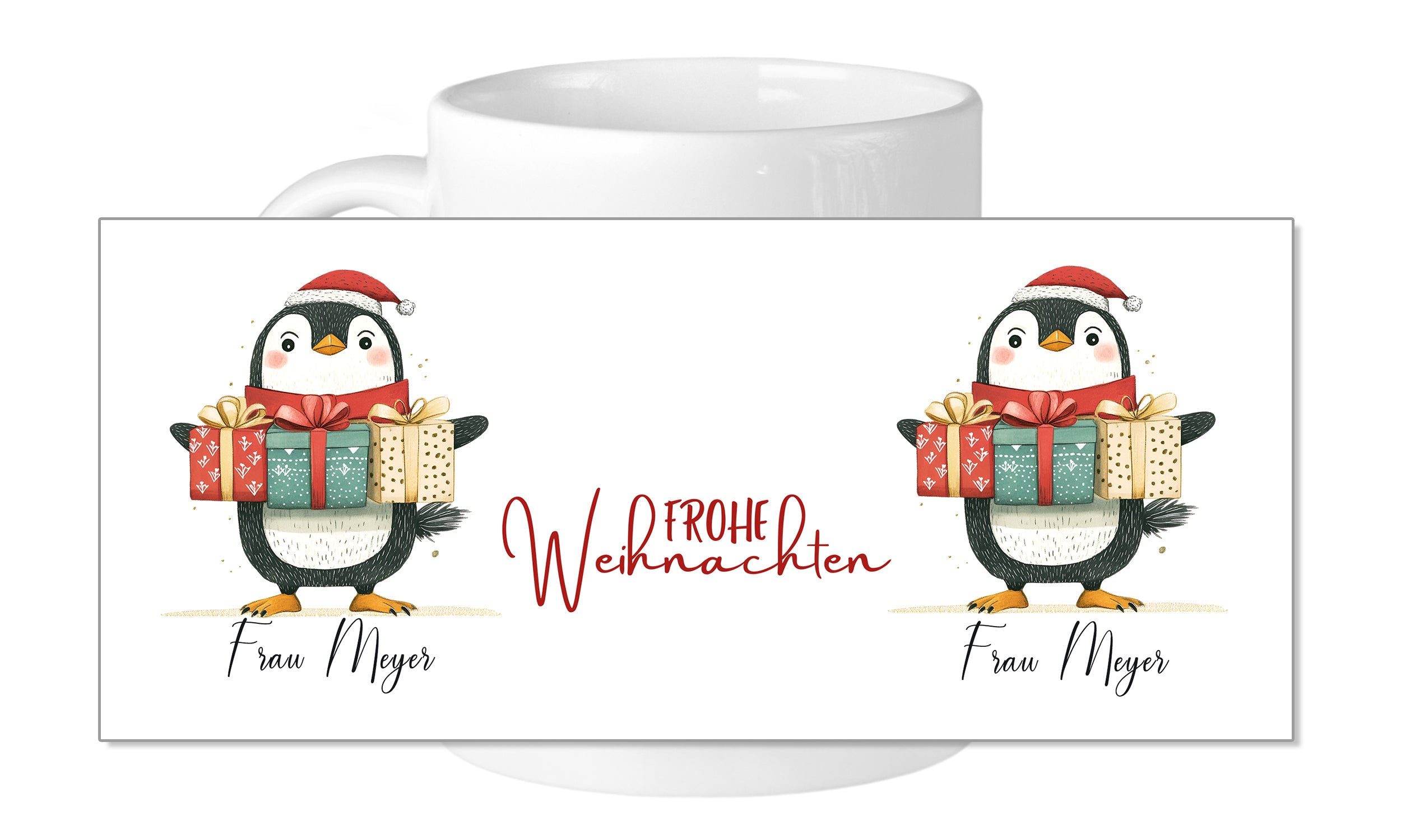 Weihnachtstasse mit Pinguin und Geschenken, personalisiert.