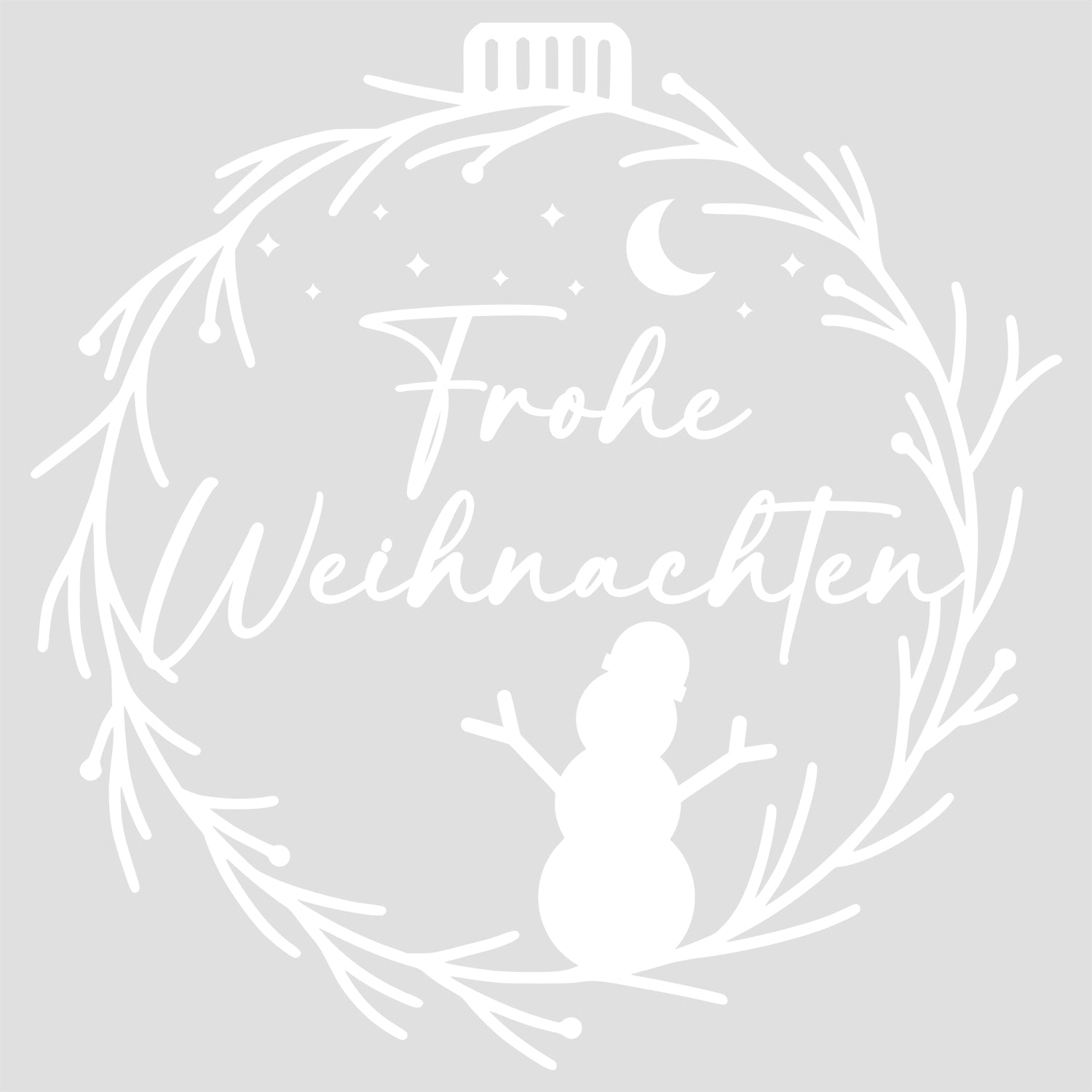 Frohe Weihnachten, Schneemann in weißem Kranzdesign.