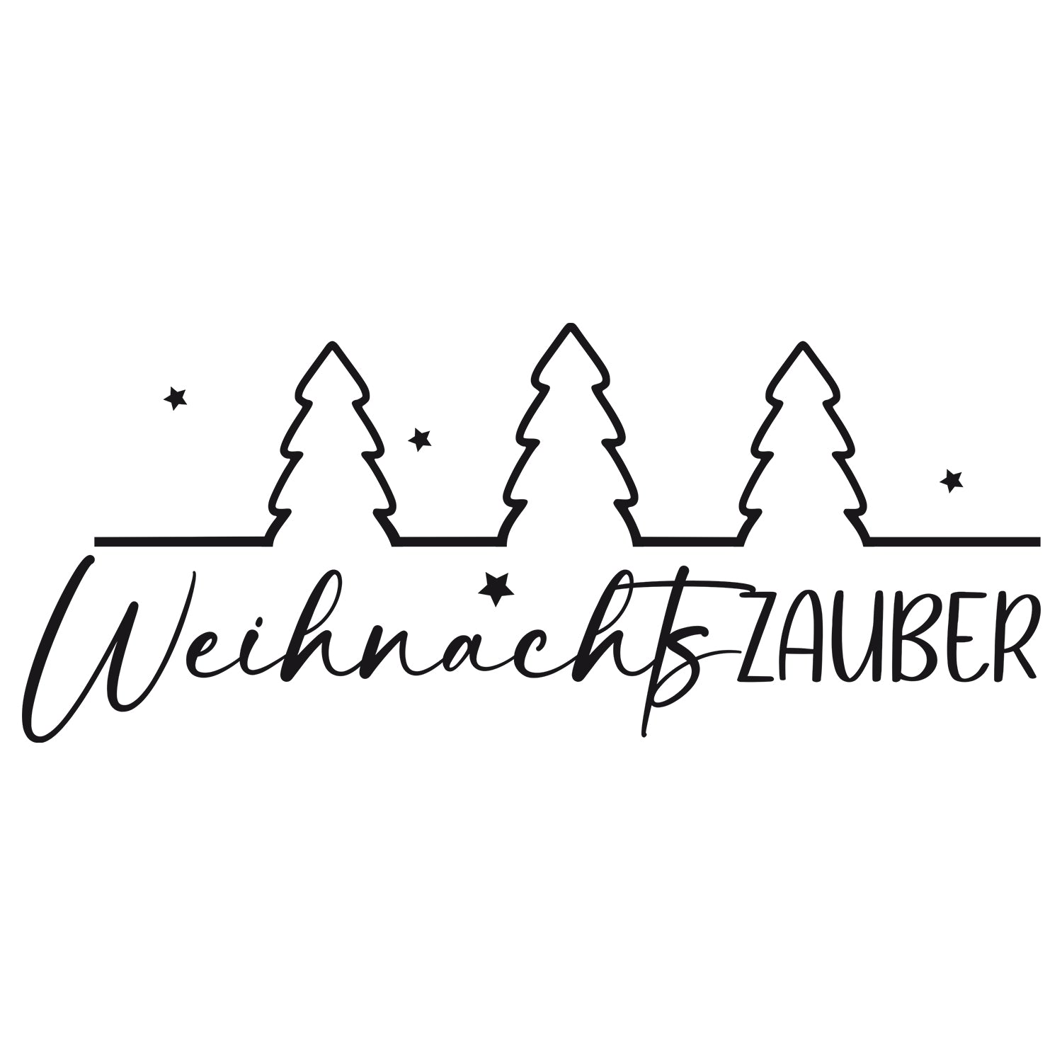 Weihnachtszauber Schriftzug mit Tannenbäumen und Sternen.