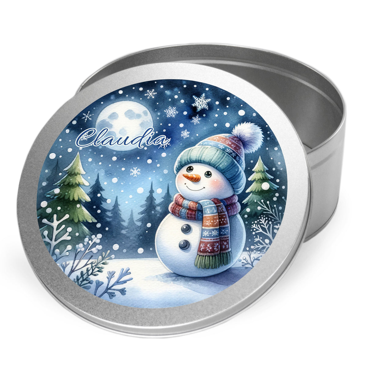 Blechdose mit Schneemann-Illustration, blau und winterlich.