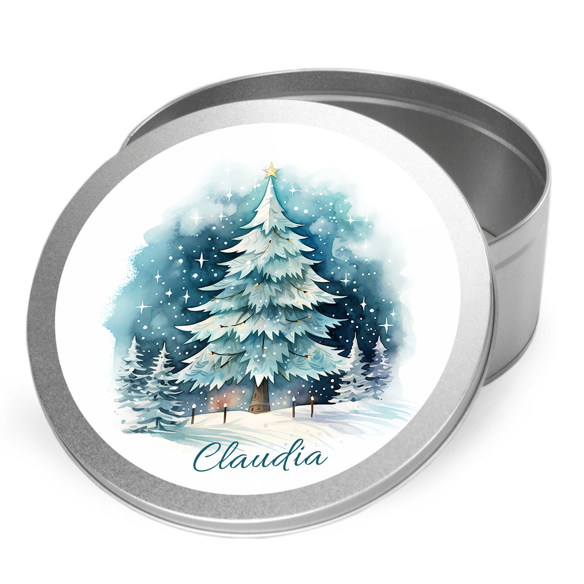Runde Metallbox mit Weihnachtsbaum-Illustration und Namen.