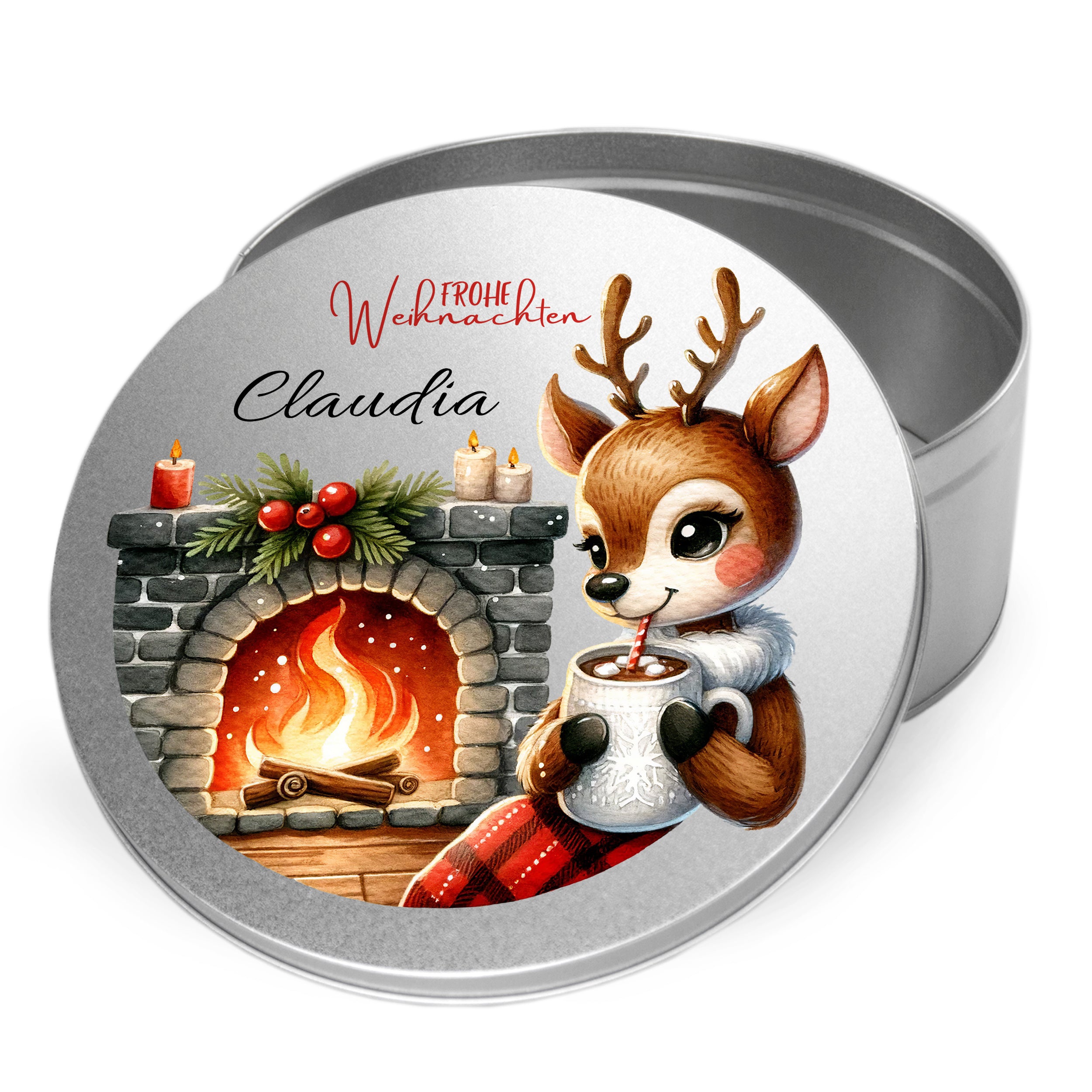 Keksdose mit Reh-Illustration, Weihnachtsmotiv, silberne Farbe.