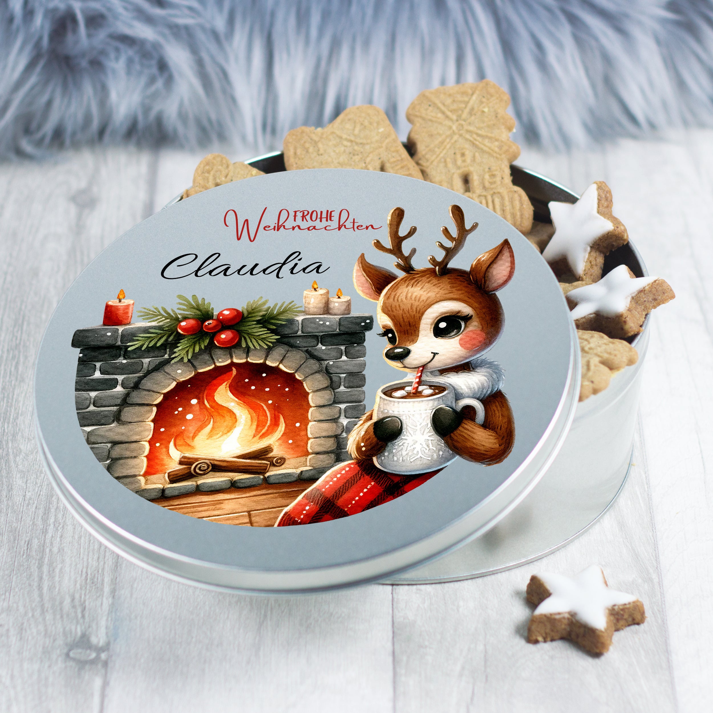 Keksdose mit Reh-Illustration, Weihnachtsmotiv, personalisiert.