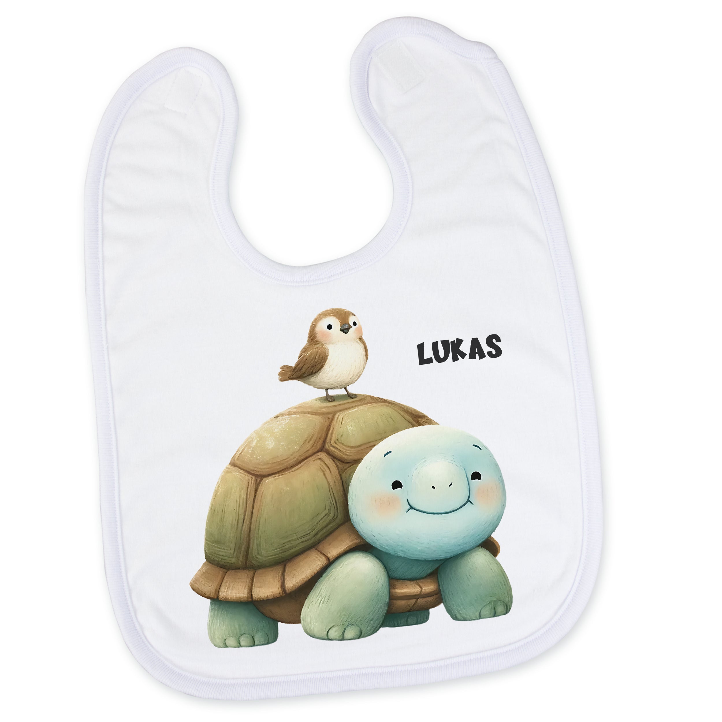 Lätzchen mit Schildkröte, Vogel und dem Namen Lukas.