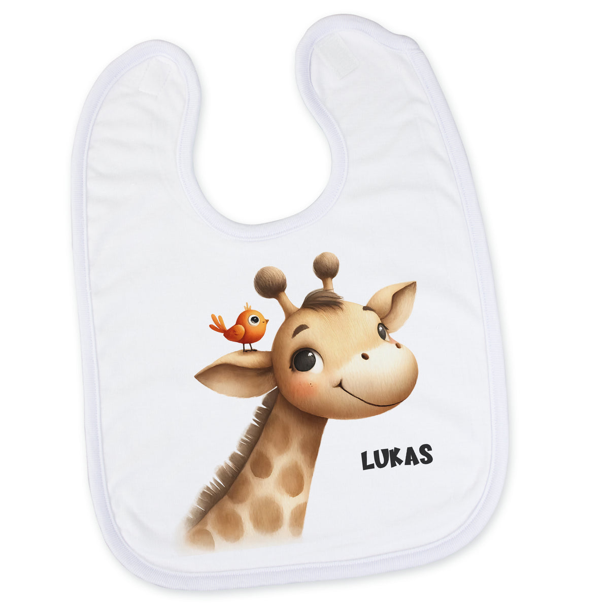 Lätzchen mit Giraffe und Vogel, personalisiert mit "LUKAS".