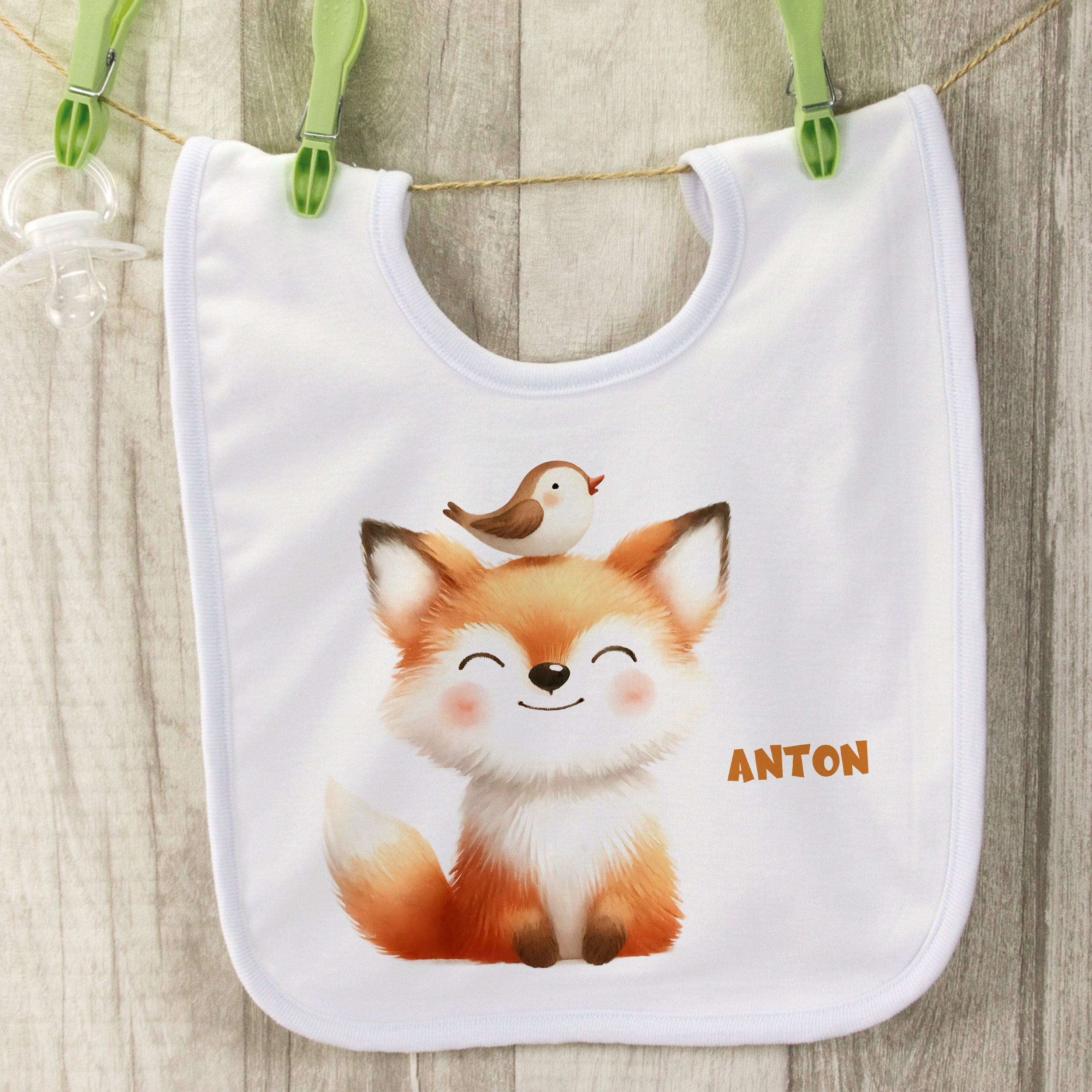 Lätzchen mit Fuchs-Motiv und Vogel, personalisiert mit "ANTON".