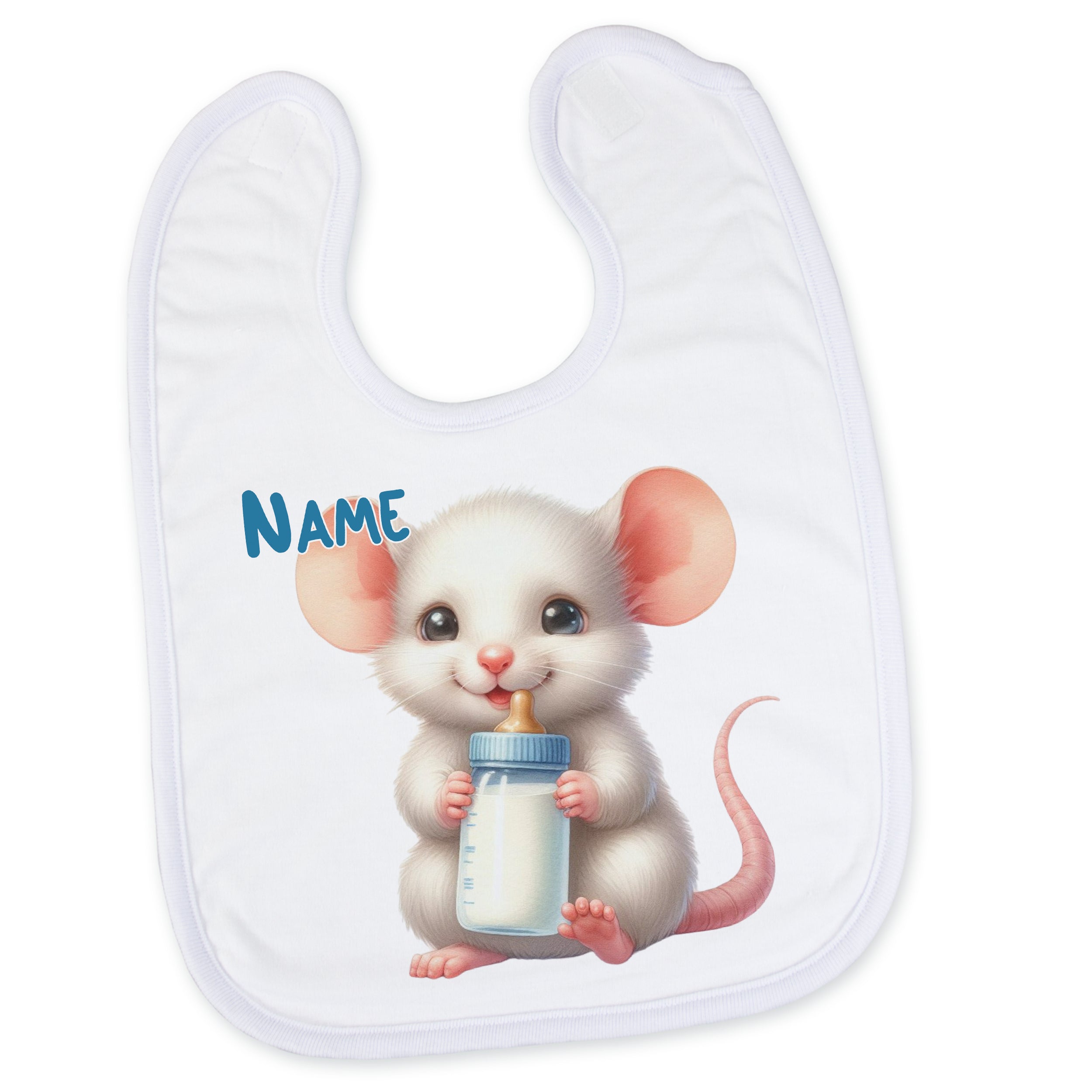 Lätzchen mit süßer Maus und Flasche, personalisierbar.