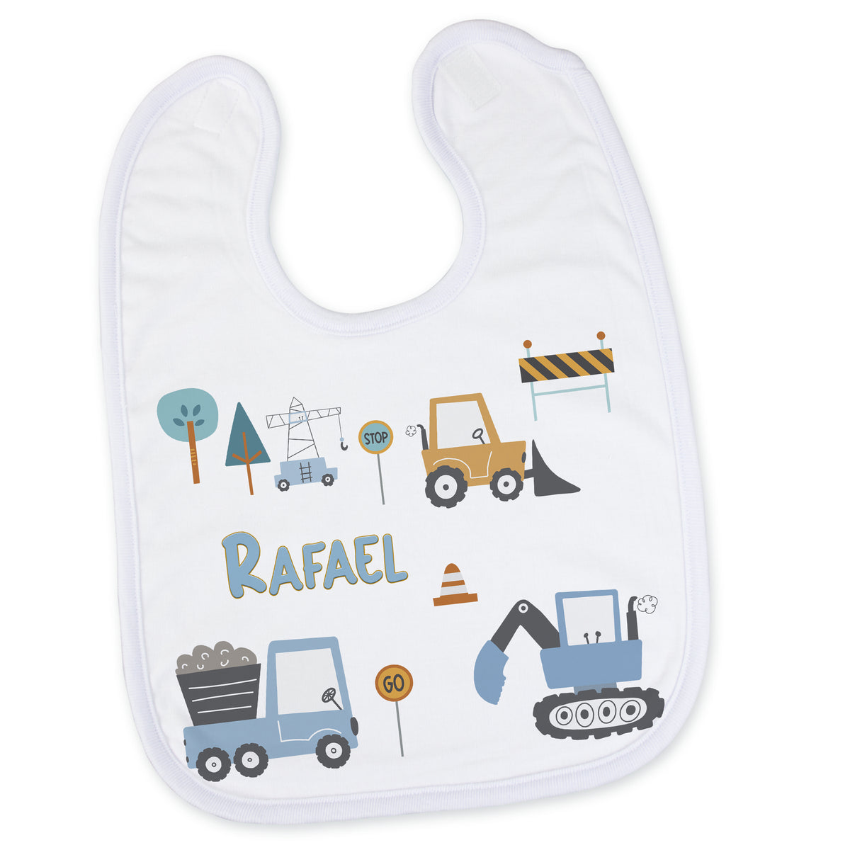 Weißes Lätzchen mit Baufahrzeugen und Namen "Rafael".