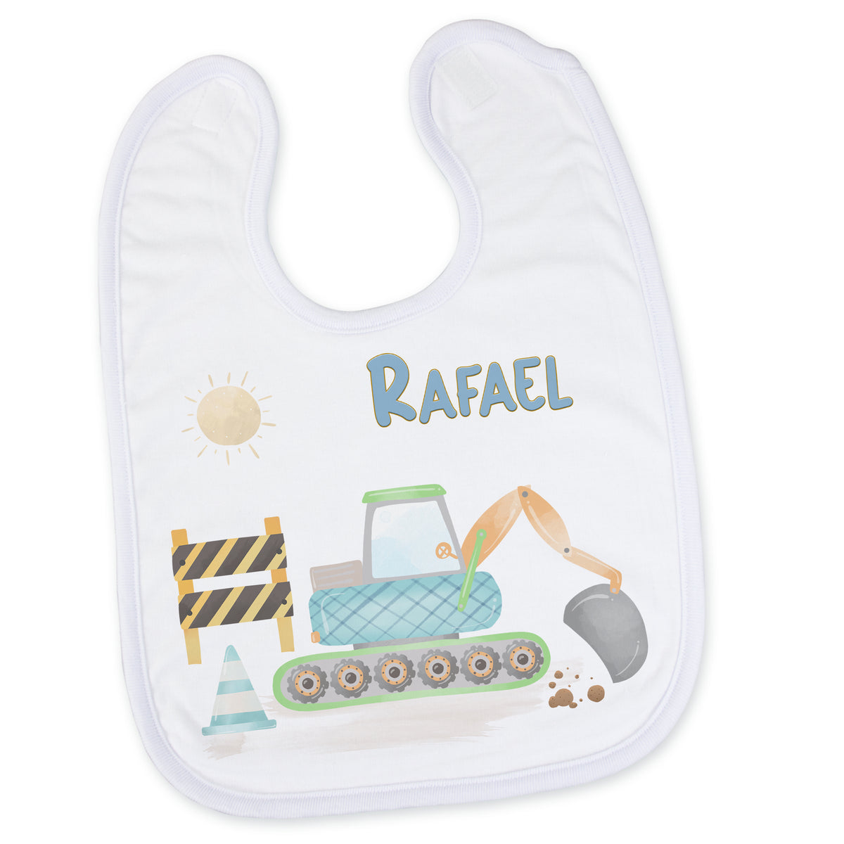 Weißes Lätzchen mit Bagger-Motiv und Namen "Rafael".