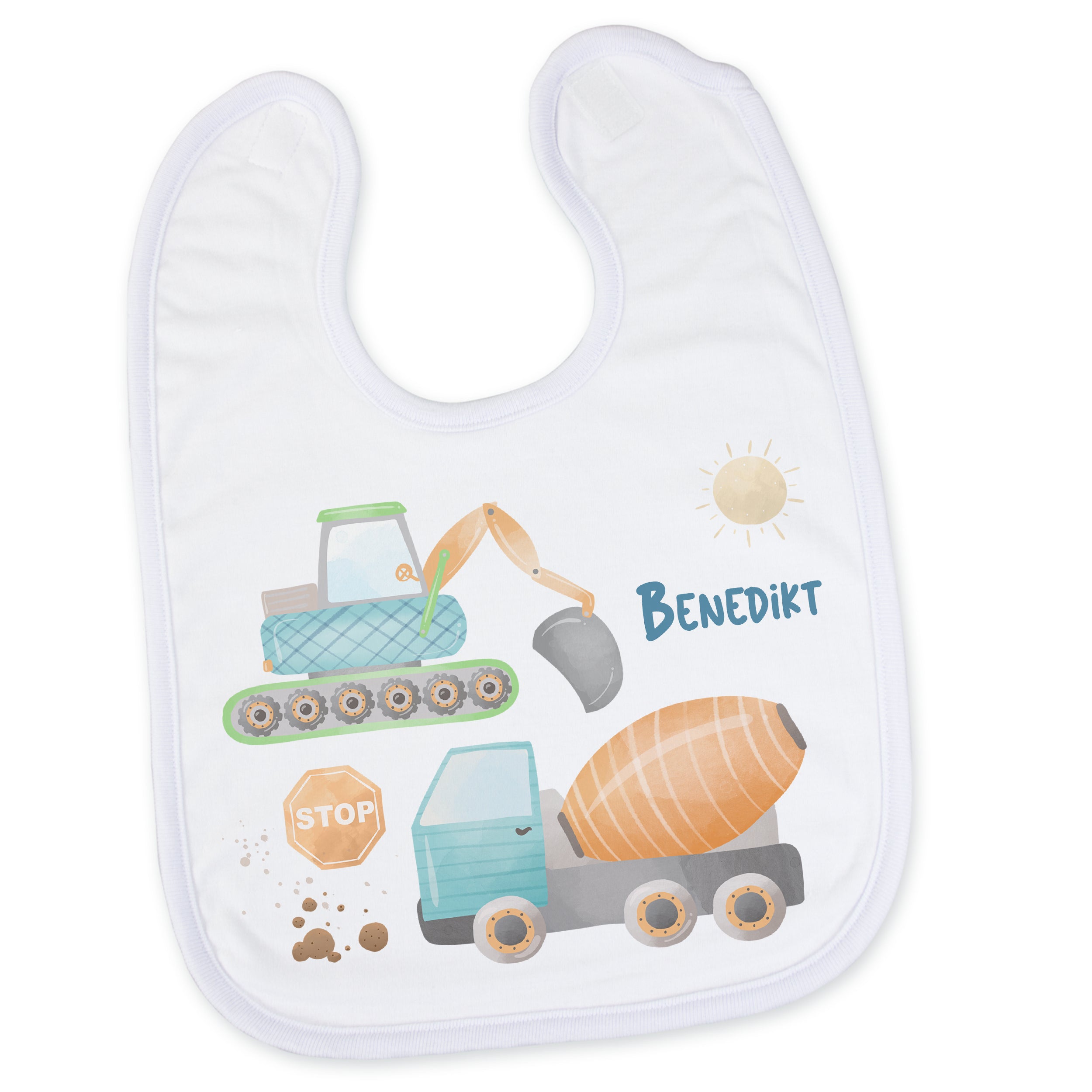 Lätzchen mit Baustellenmotiven und dem Namen Benedikt.