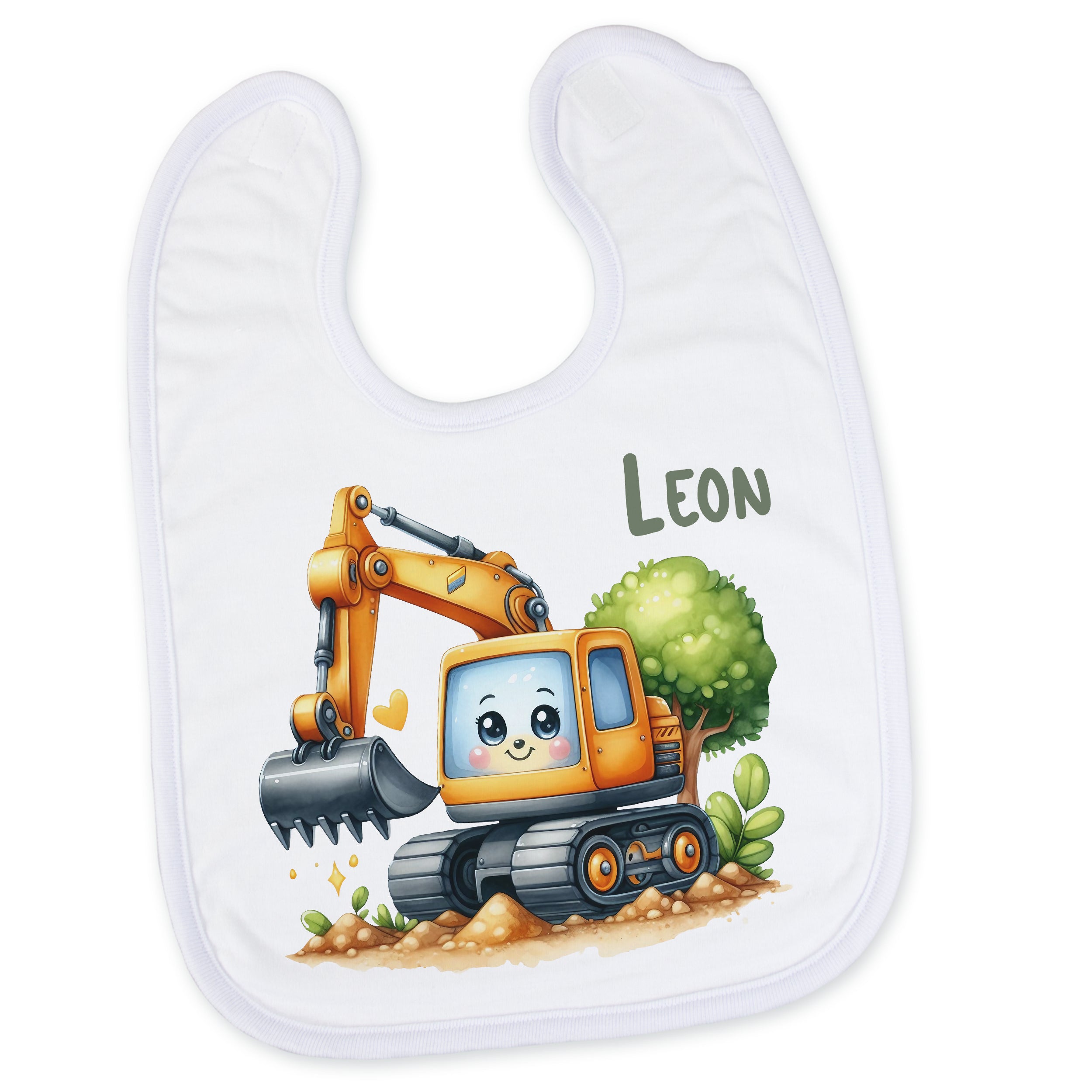 Lätzchen mit orangefarbener Bagger-Illustration und Namen Leon.