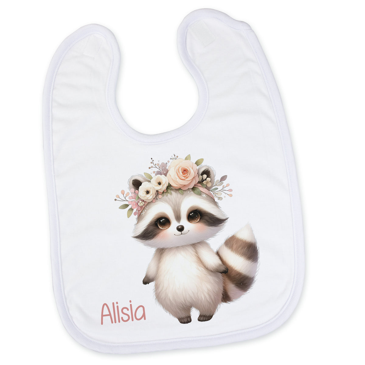 Lätzchen mit Waschbär-Motiv und Blumenkranz, personalisiert.