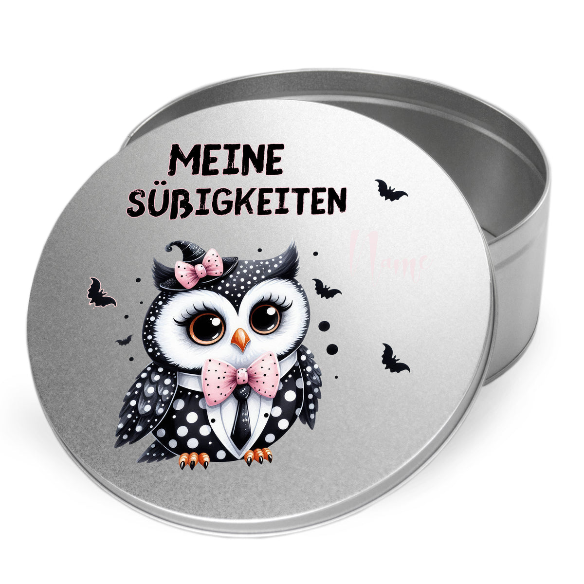 Metalldose mit Eule, schwarz-weiß, für Süßigkeiten.