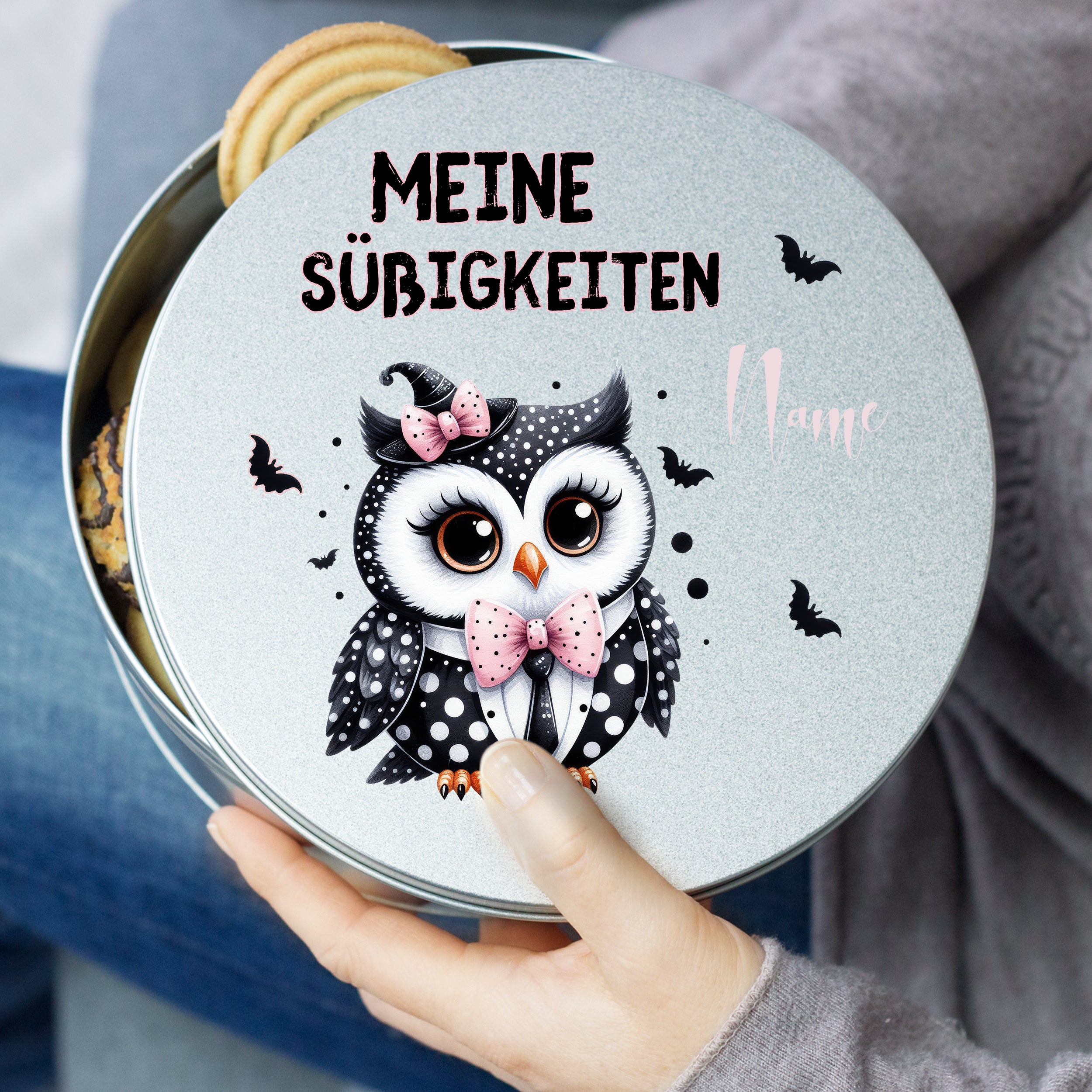 Graue Keksdose mit Eule, personalisierbar, süßes Design.