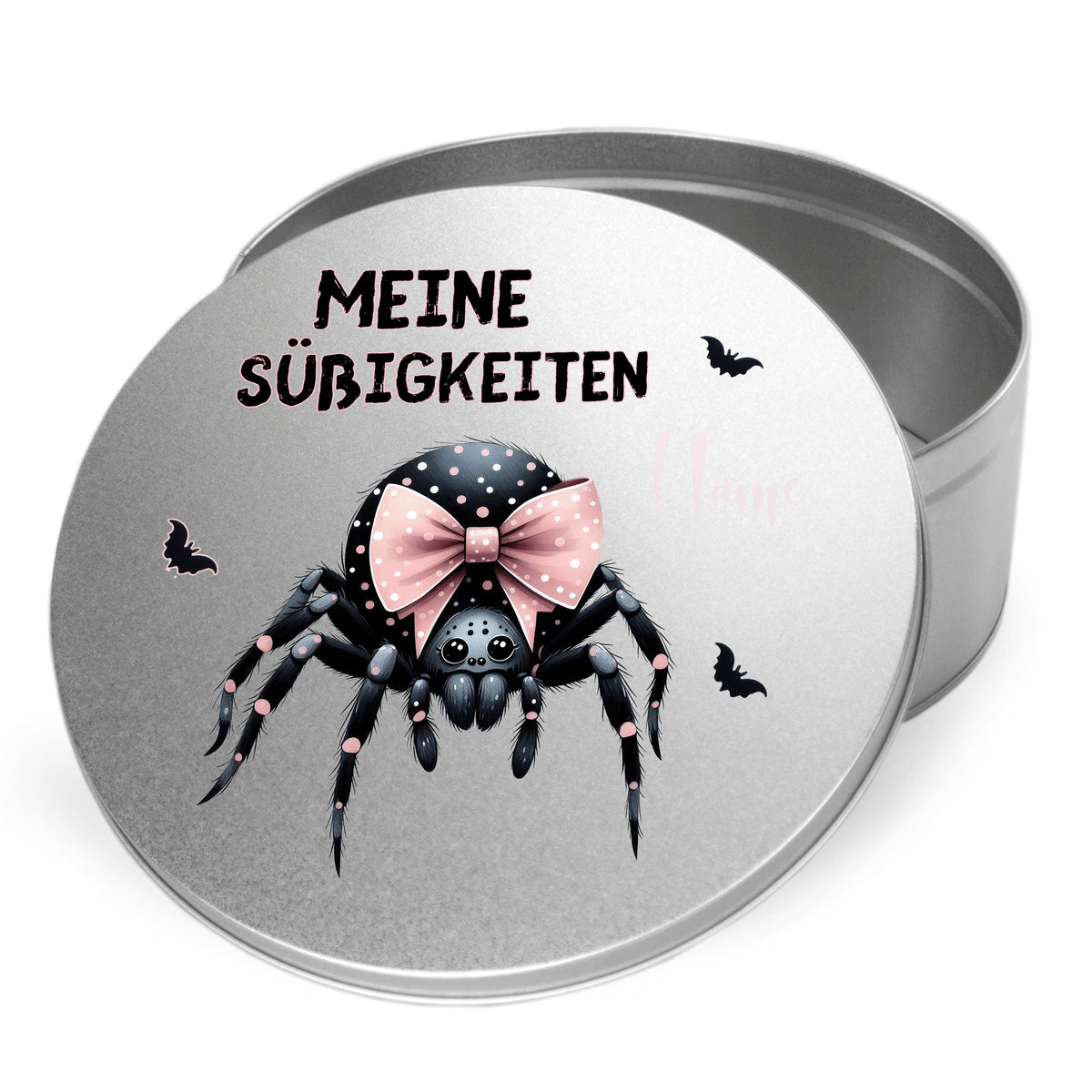 Silberne Dose mit Spinne und rosa Schleife, "Meine Süßigkeiten".