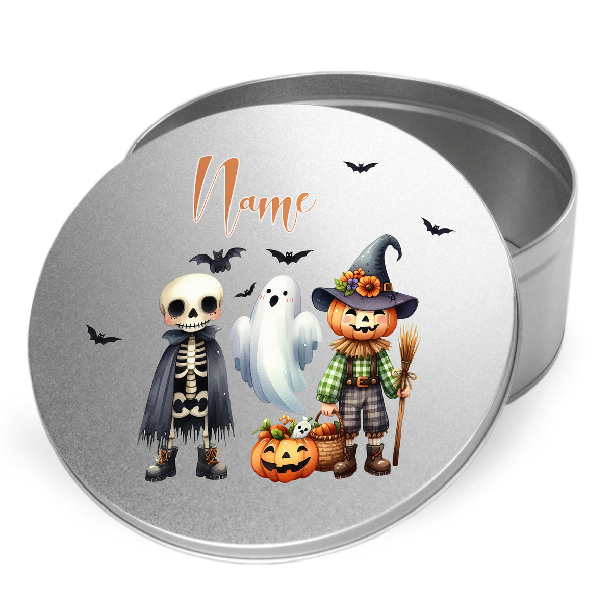 Halloween-Dose mit Skelett, Gespenst und Kürbis-Motiv.