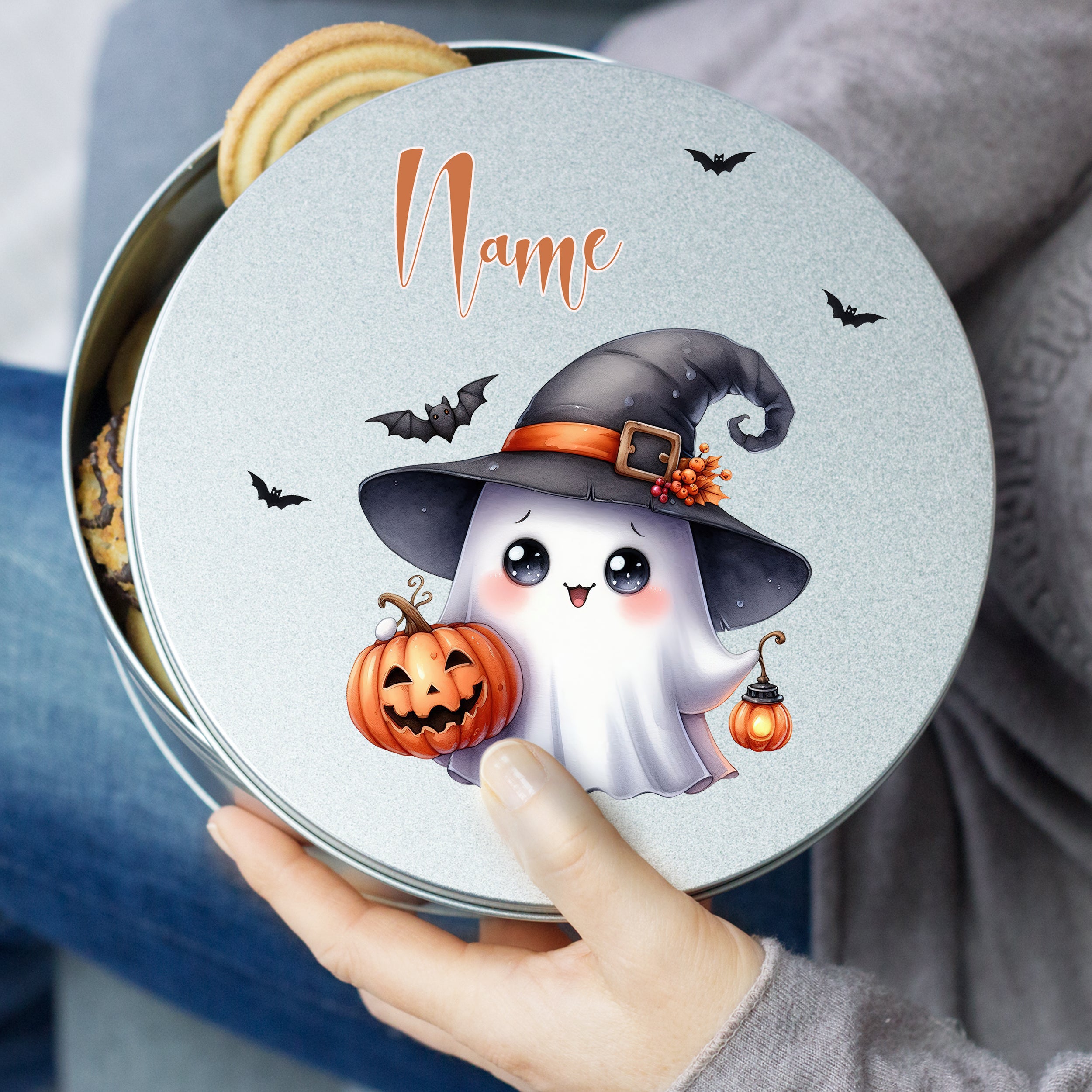 Kekse Dose mit gespenstischem Motiv, grau, Halloween-Design.