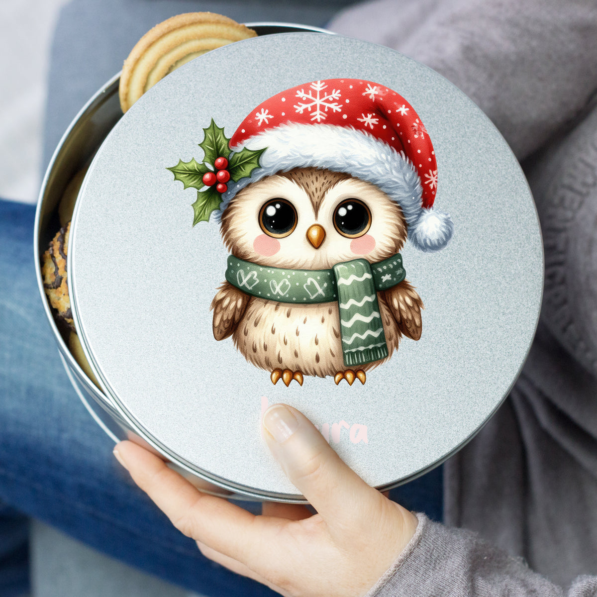 Keksdose mit niedlicher Eule im Weihnachtsdesign.