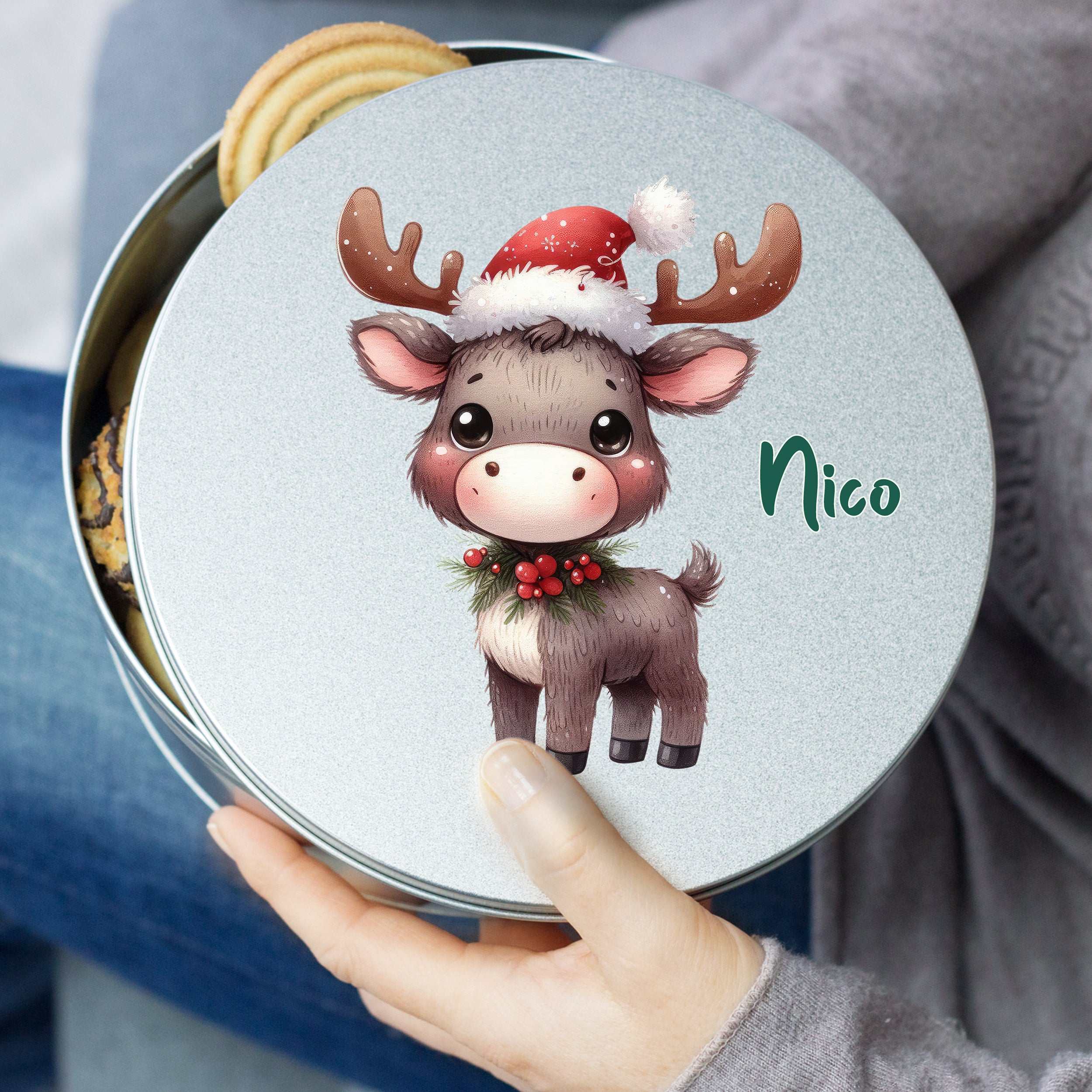 Kekse Dose mit niedlichem Rentier-Design in Grau.