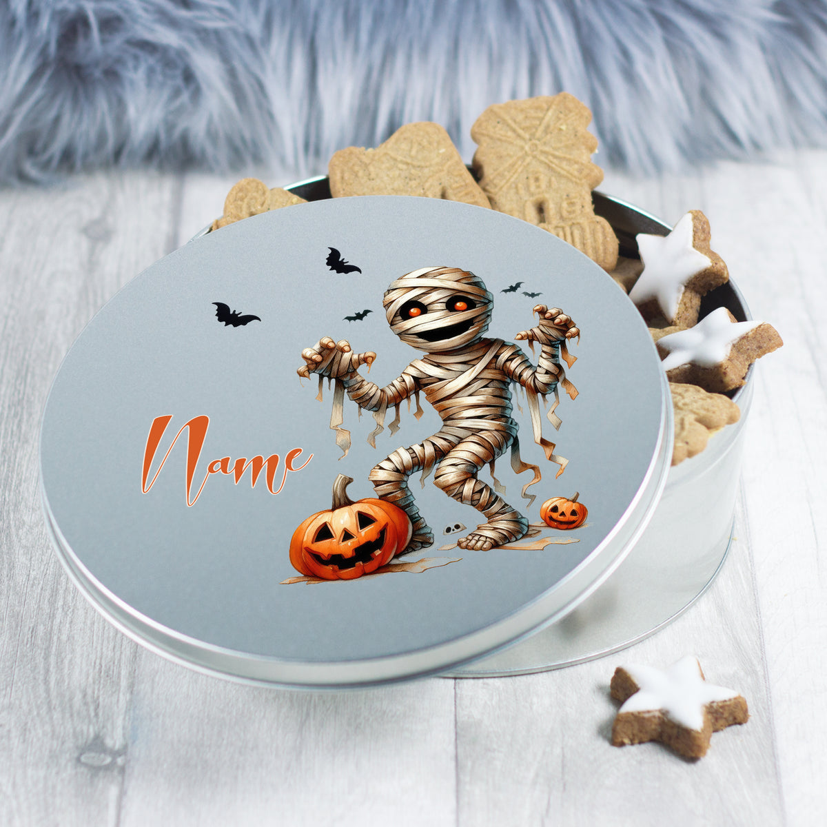 Mumien-Dose mit Halloween-Motiv, orangefarbene Kürbisse, personalisierbar.