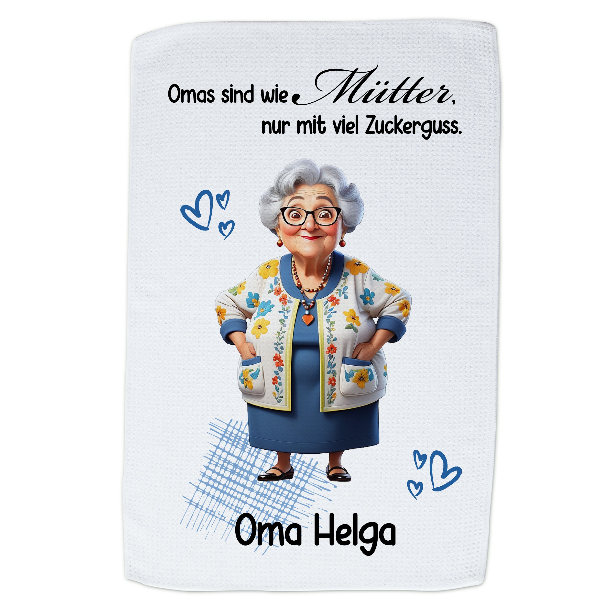 Küchentuch mit Oma Helga und Spruch über Mütter.