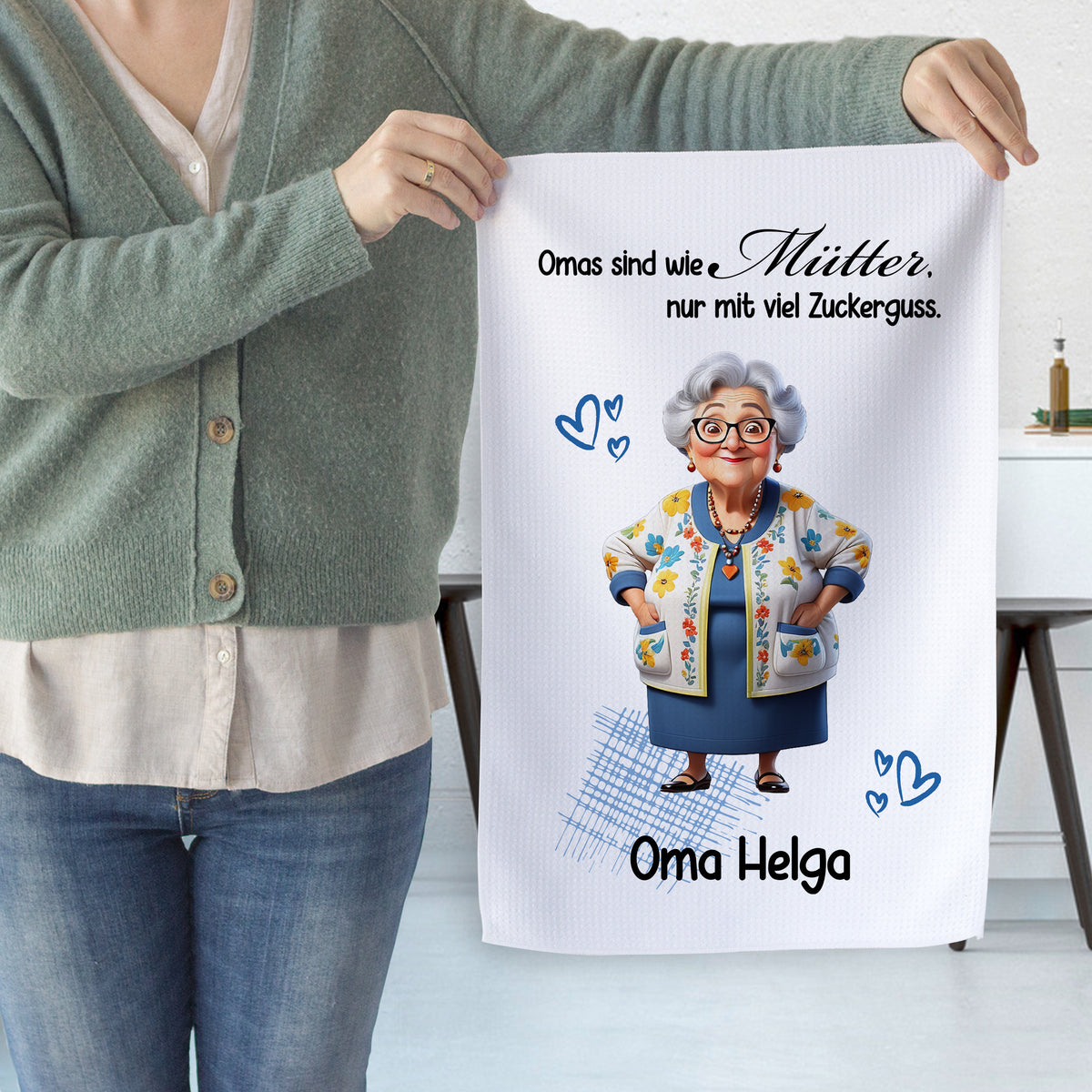 Küchentuch mit Oma Helga und Spruch in bunten Farben.