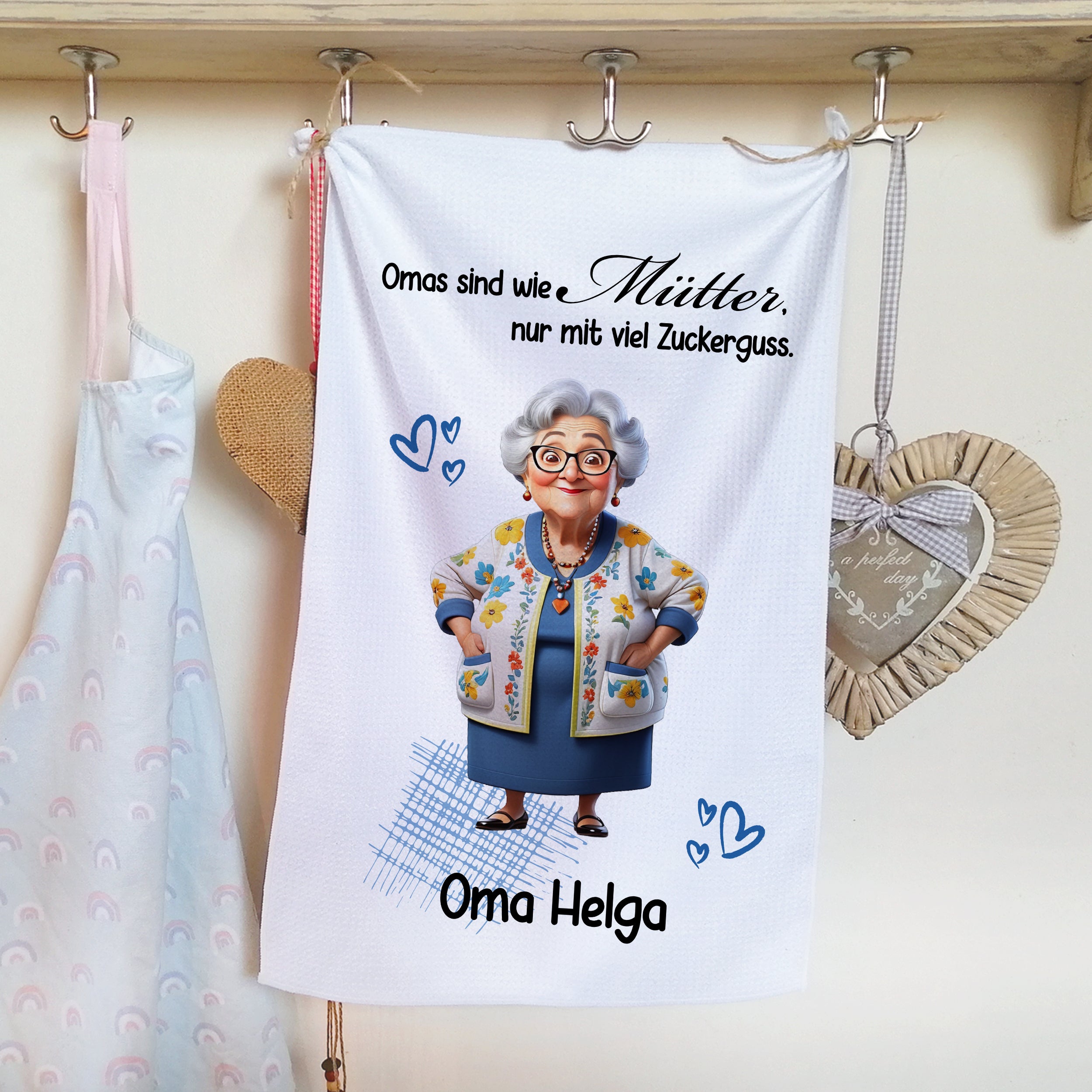 Geschirrtuch mit Oma Helga und Spruch über Mütter.
