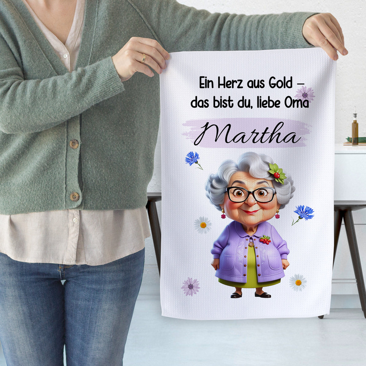 Handtuch mit Oma-Motiv, lila, mit Spruch für Martha.