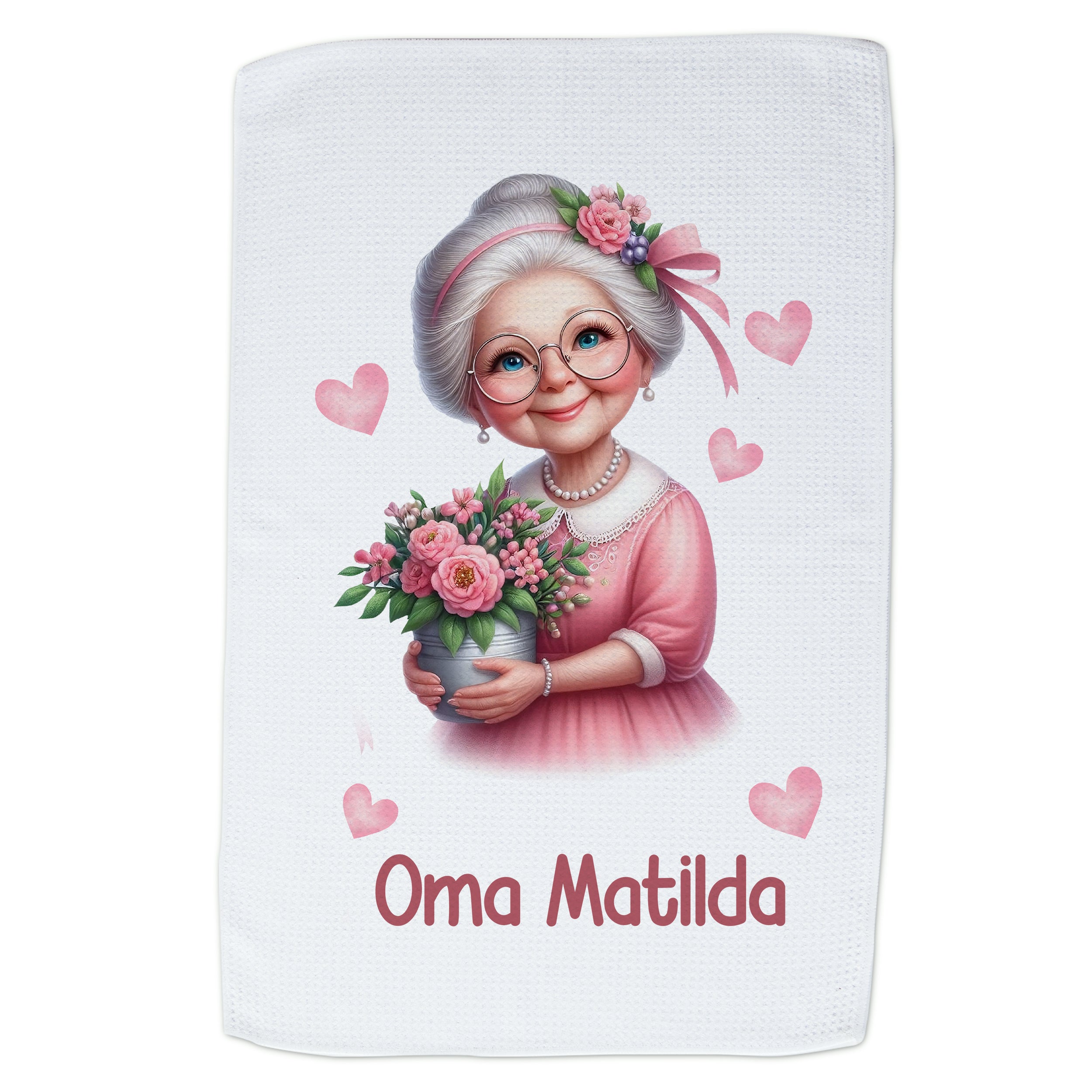 Handtuch mit Oma Matilda, rosa Kleid und Blumenstrauß.