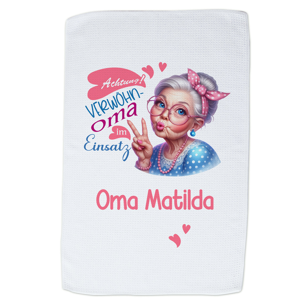 Handtuch mit Oma Matilda, bunten Farben und lustigem Spruch.