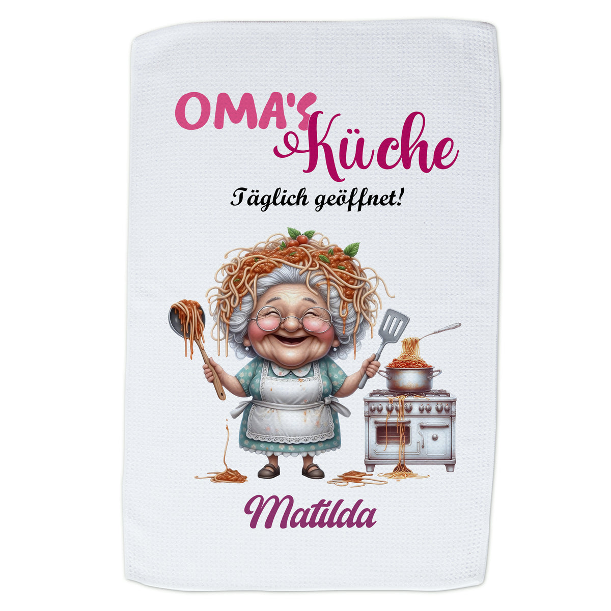 Küchentuch mit Oma, Spaghetti und Schriftzug „Oma's Küche“.
