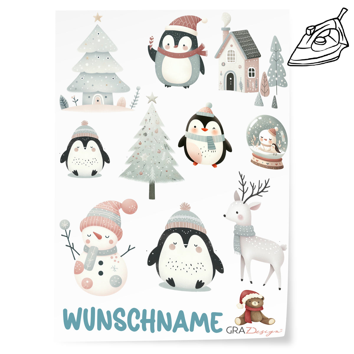 Niedliche Wintertiere, Tannenbaum, personalisierbarer Wunschname, pastellfarbig.