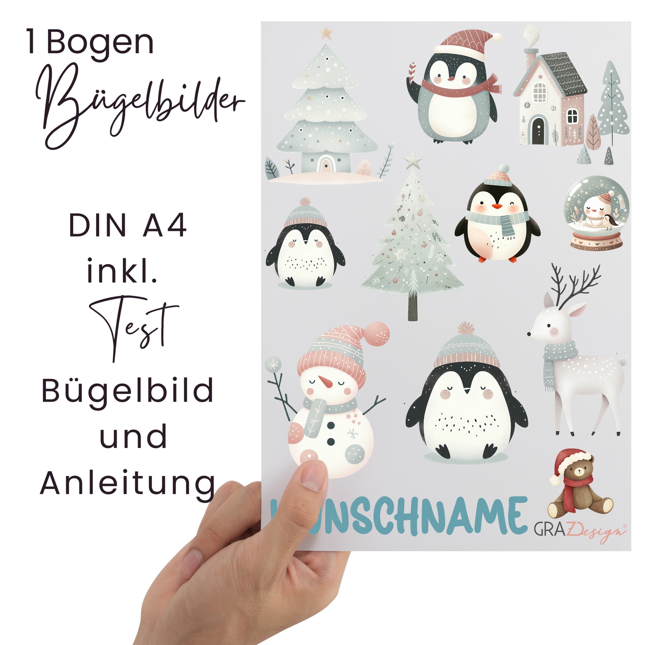 Bügelbilder Bogen DIN A4 mit Pinguinen und Weihnachtsmotiven.