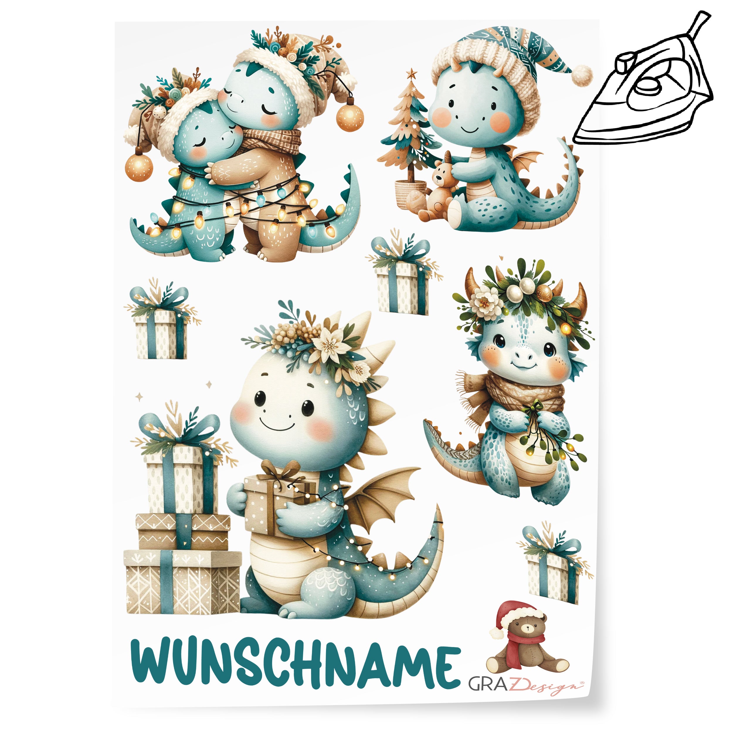 Drachenfiguren mit Geschenken in Blau- und Grüntönen.
