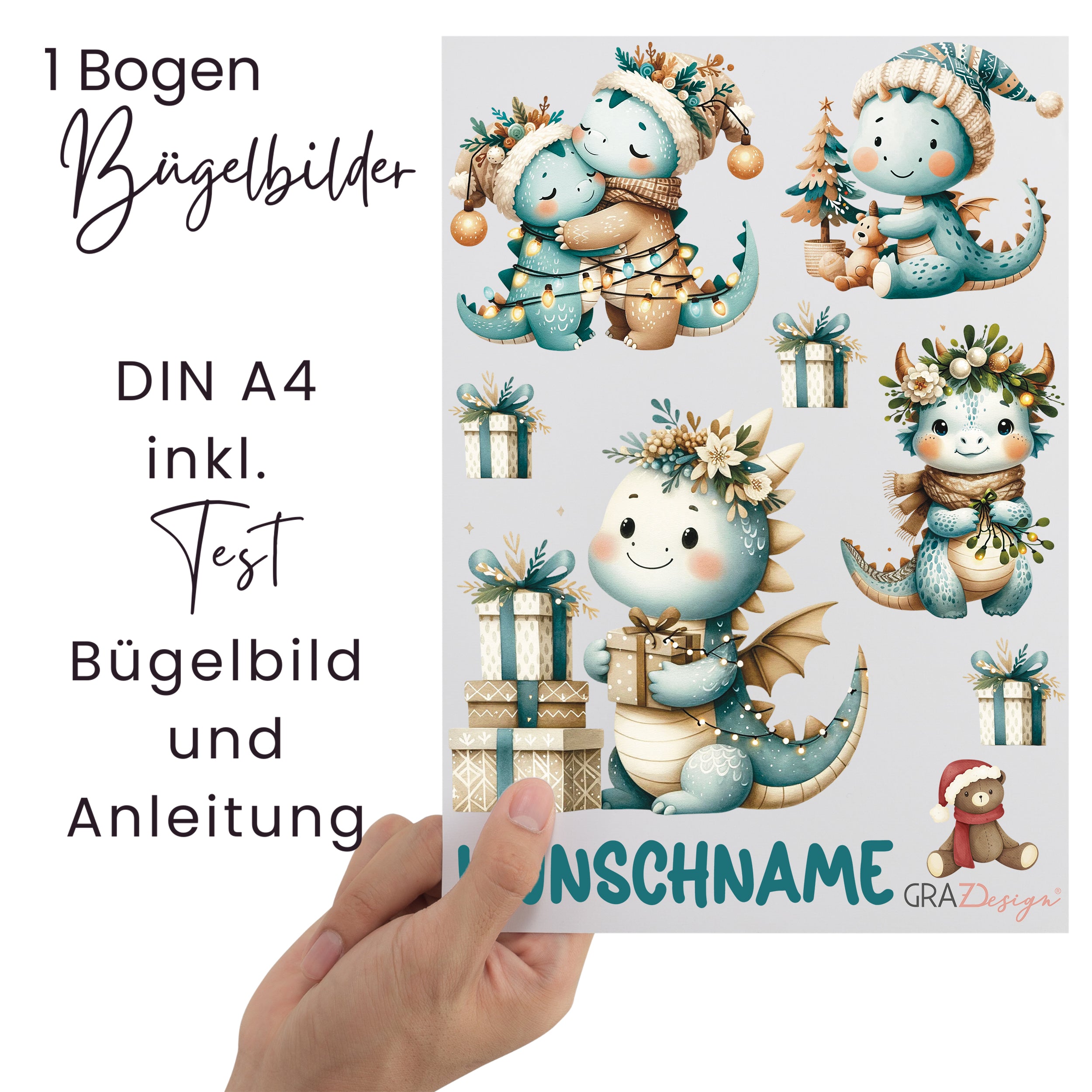 Bügelbilder mit niedlichen Drachenmotiven in Pastellfarben.