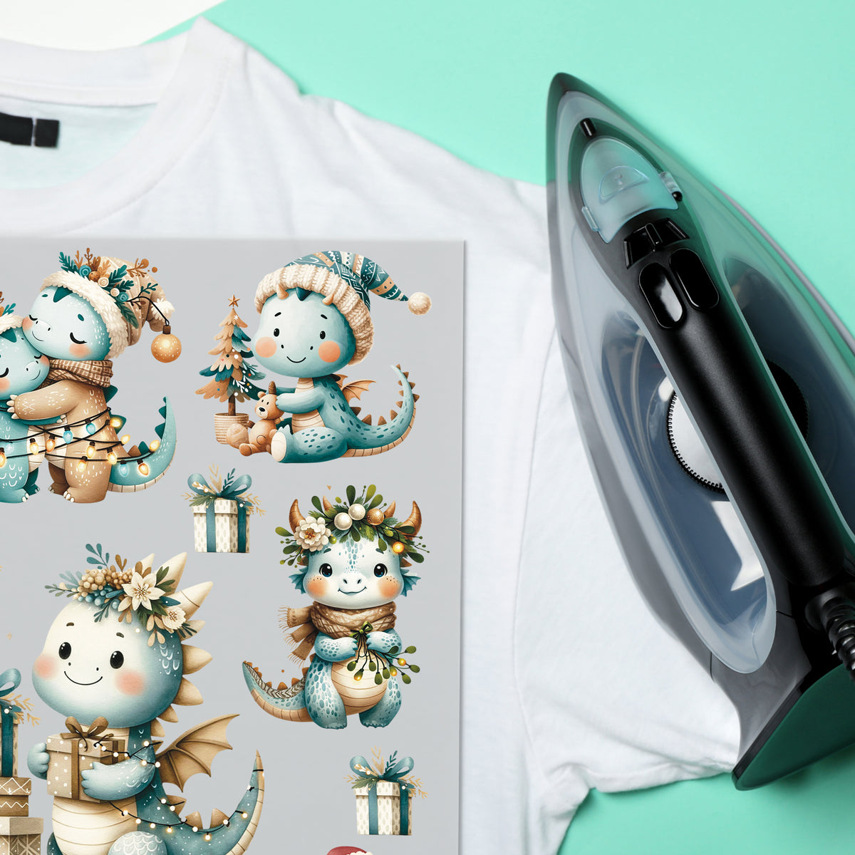 Bunte Drachen-Motive auf grauem Hintergrund mit Geschenken.