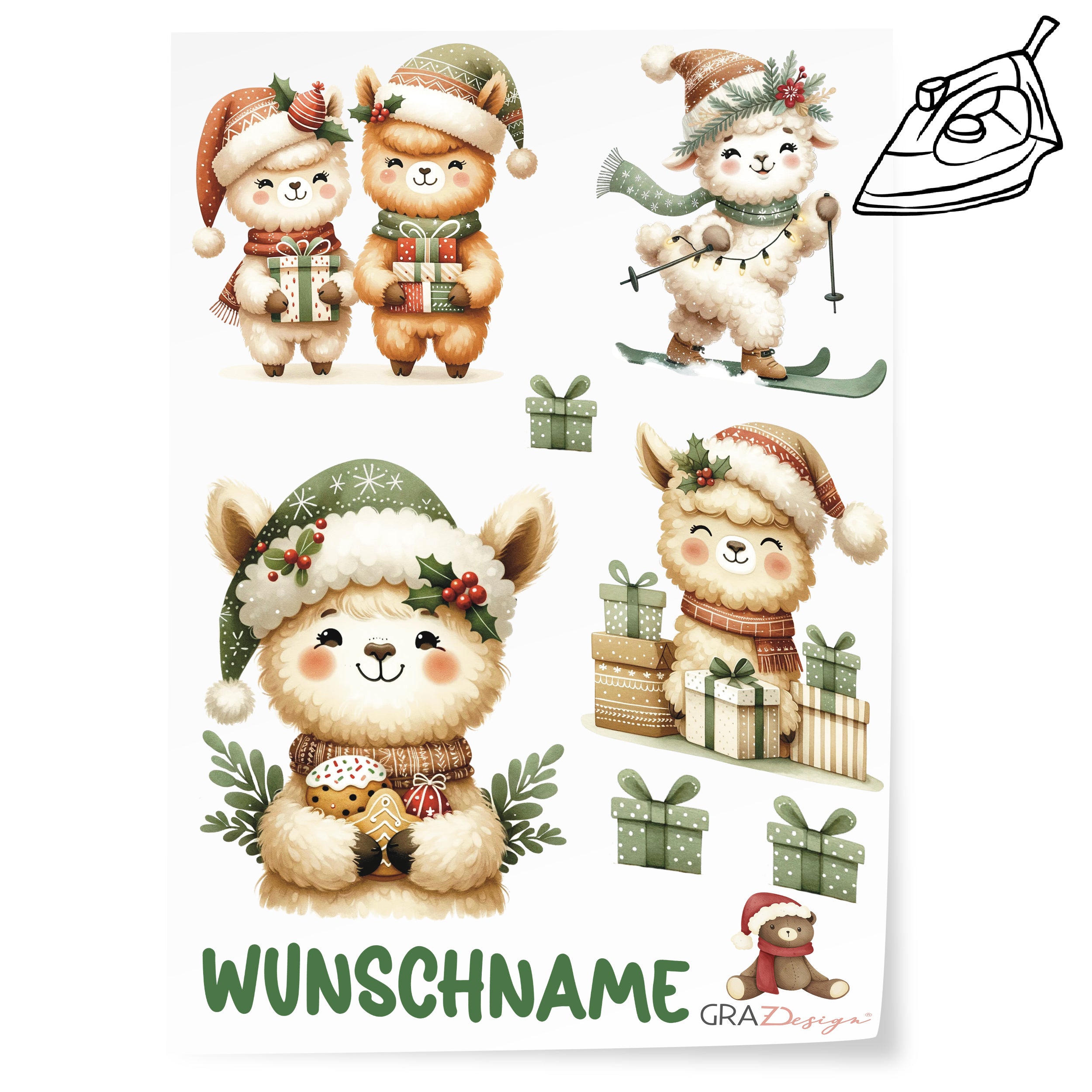 Niedliche Lama-Sticker in Weihnachtsmützen und Geschenken.