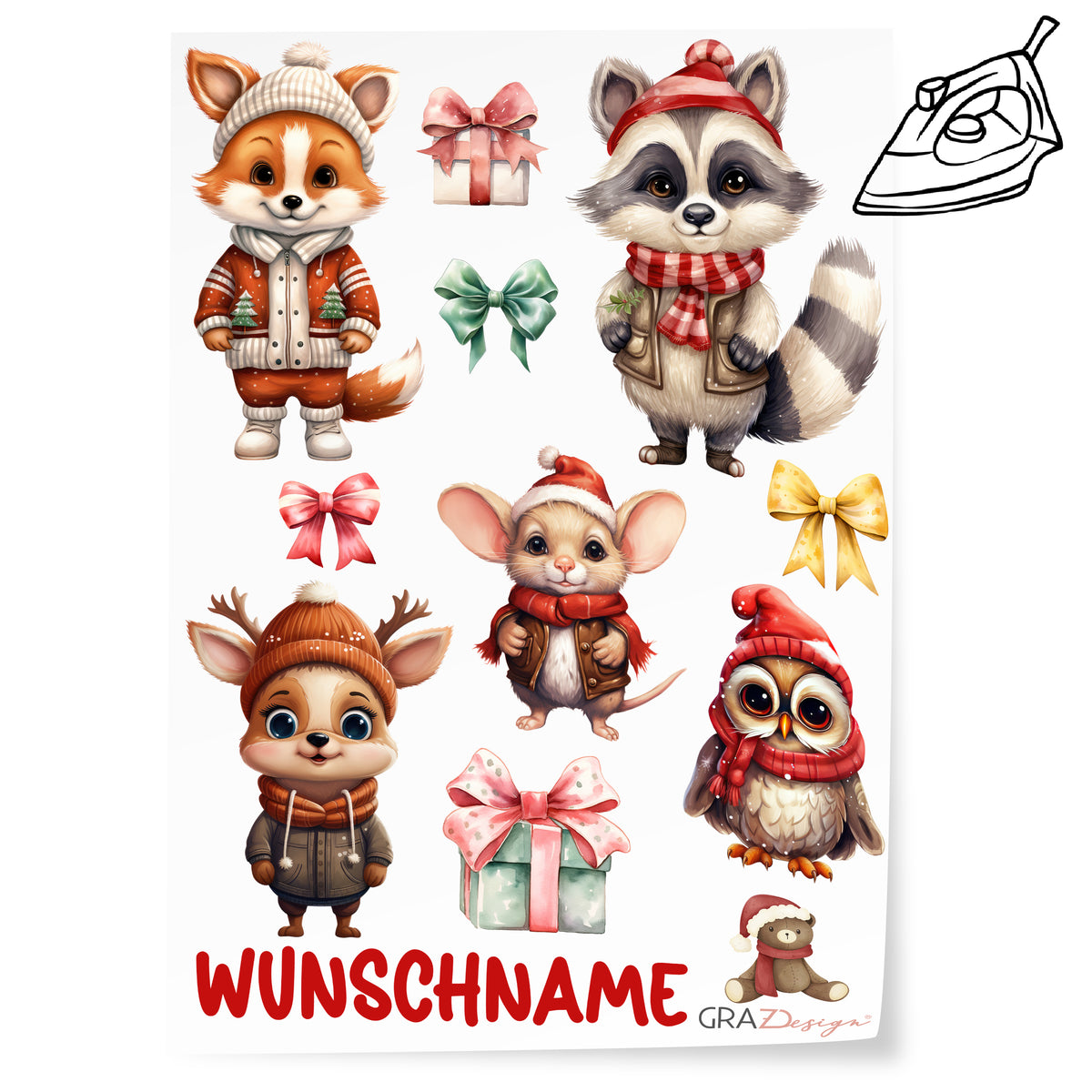 Niedliche Tiere mit Weihnachtsmützen und Geschenken, bunte Farben.