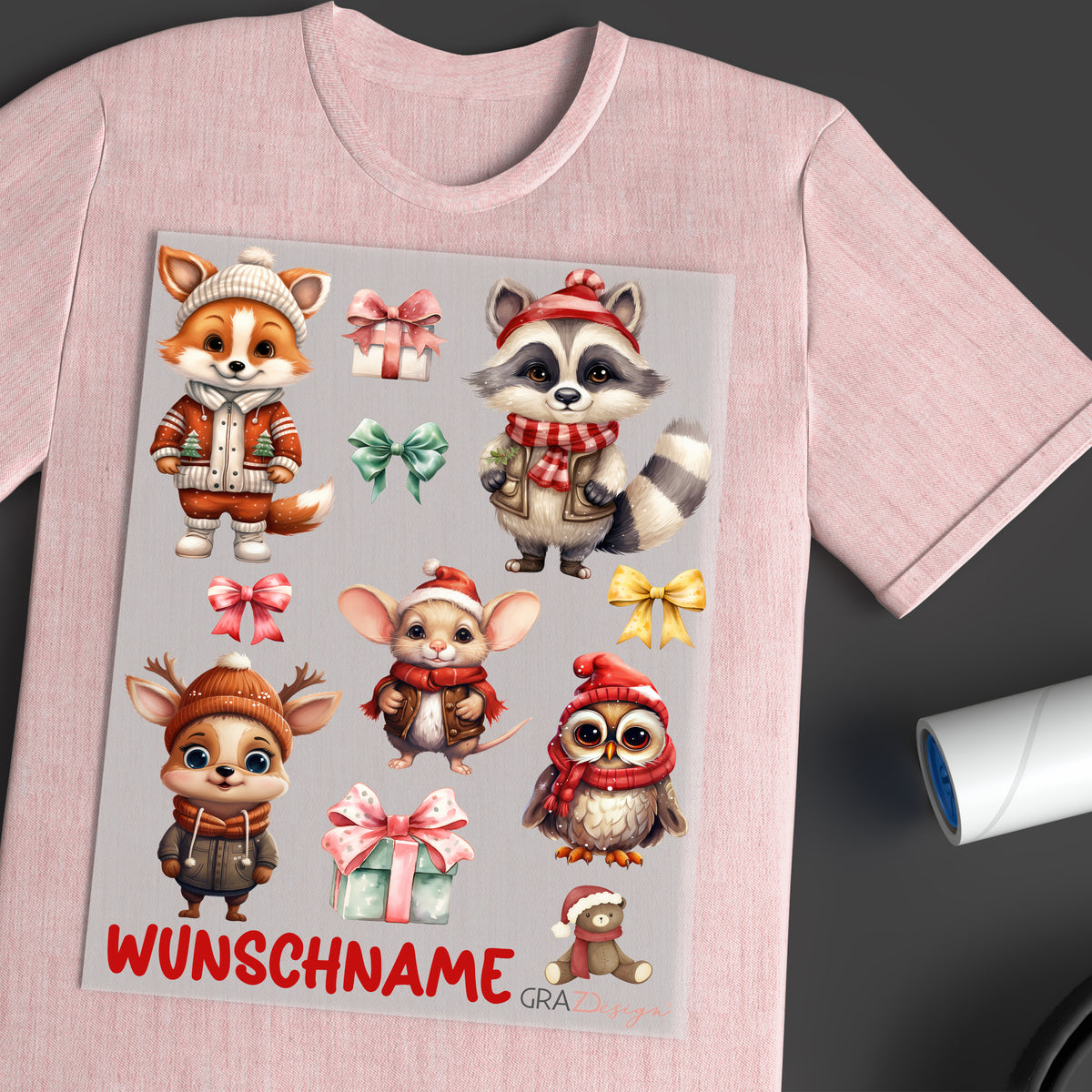 Rosa T-Shirt mit niedlichen Tiermotiven und "WUNSCHNAME".
