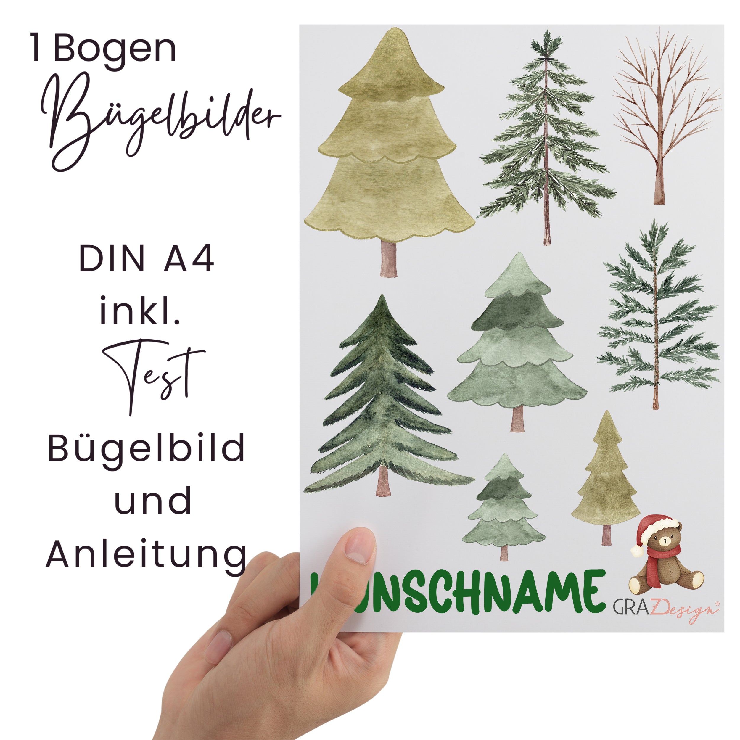 Bogen mit Bügelbildern, verschiedene grüne Tannenbäume.