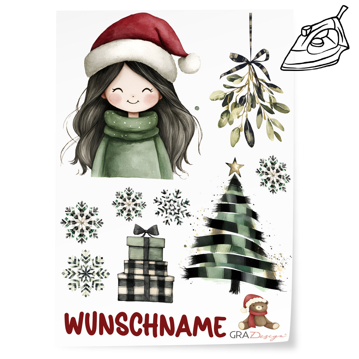Weihnachtliche Illustration mit Mädchen, Tannenbaum und Geschenken.