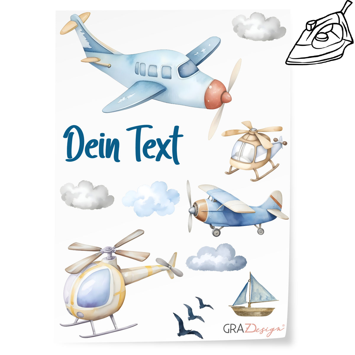 Flugzeuge und Hubschrauber in Blau- und Gelbtönen.