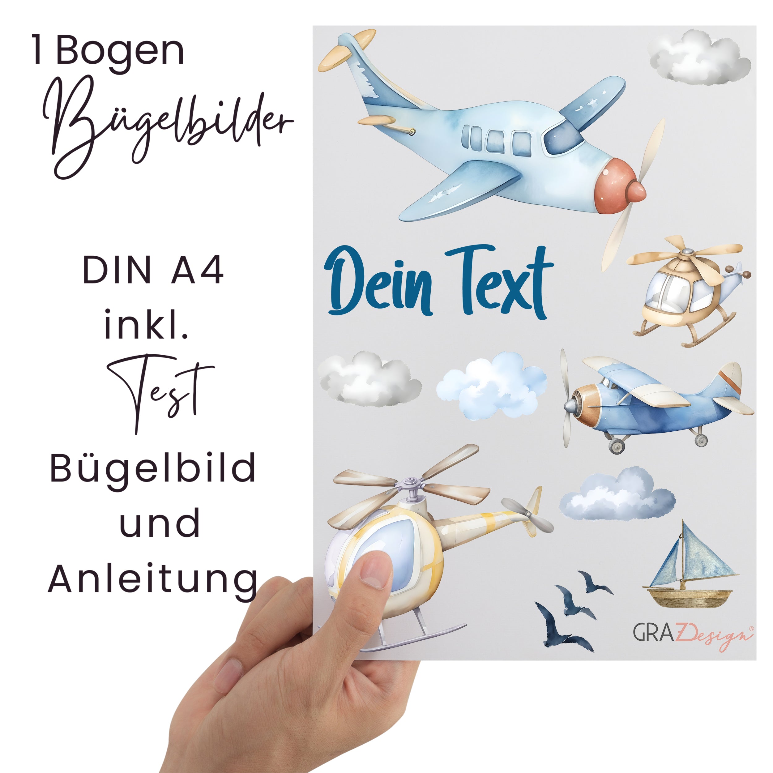 Bügelbilder mit Flugzeugen, Helikoptern und Wolken, DIN A4.
