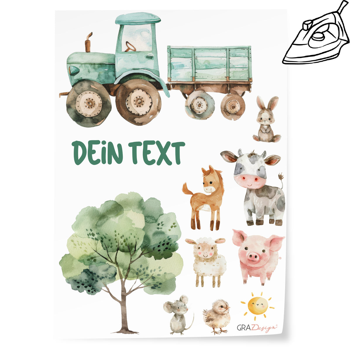 Grüner Traktor mit Anhänger und niedlichen Tieren.