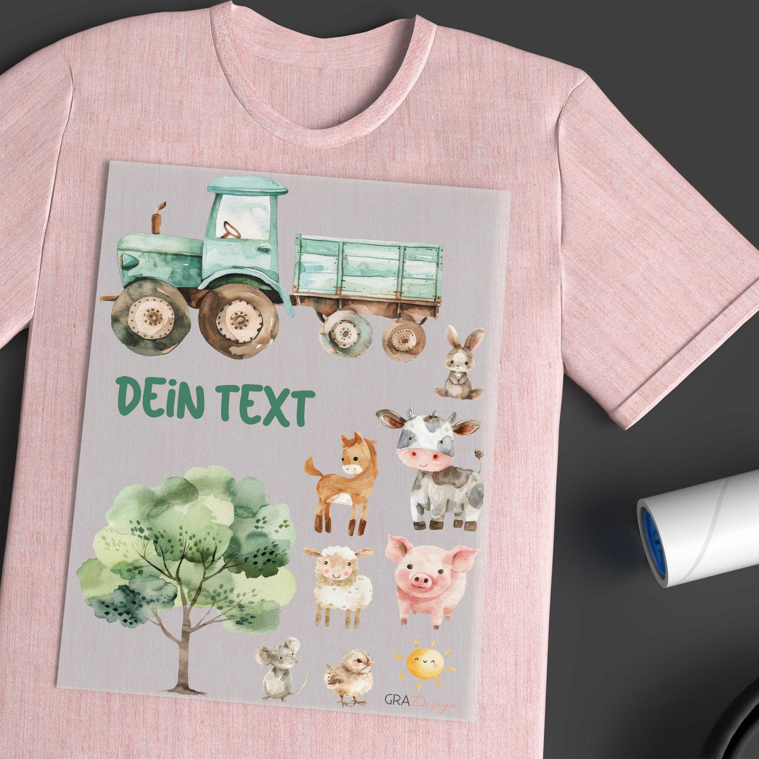 Rosa T-Shirt mit Traktor und niedlichen Tieren.